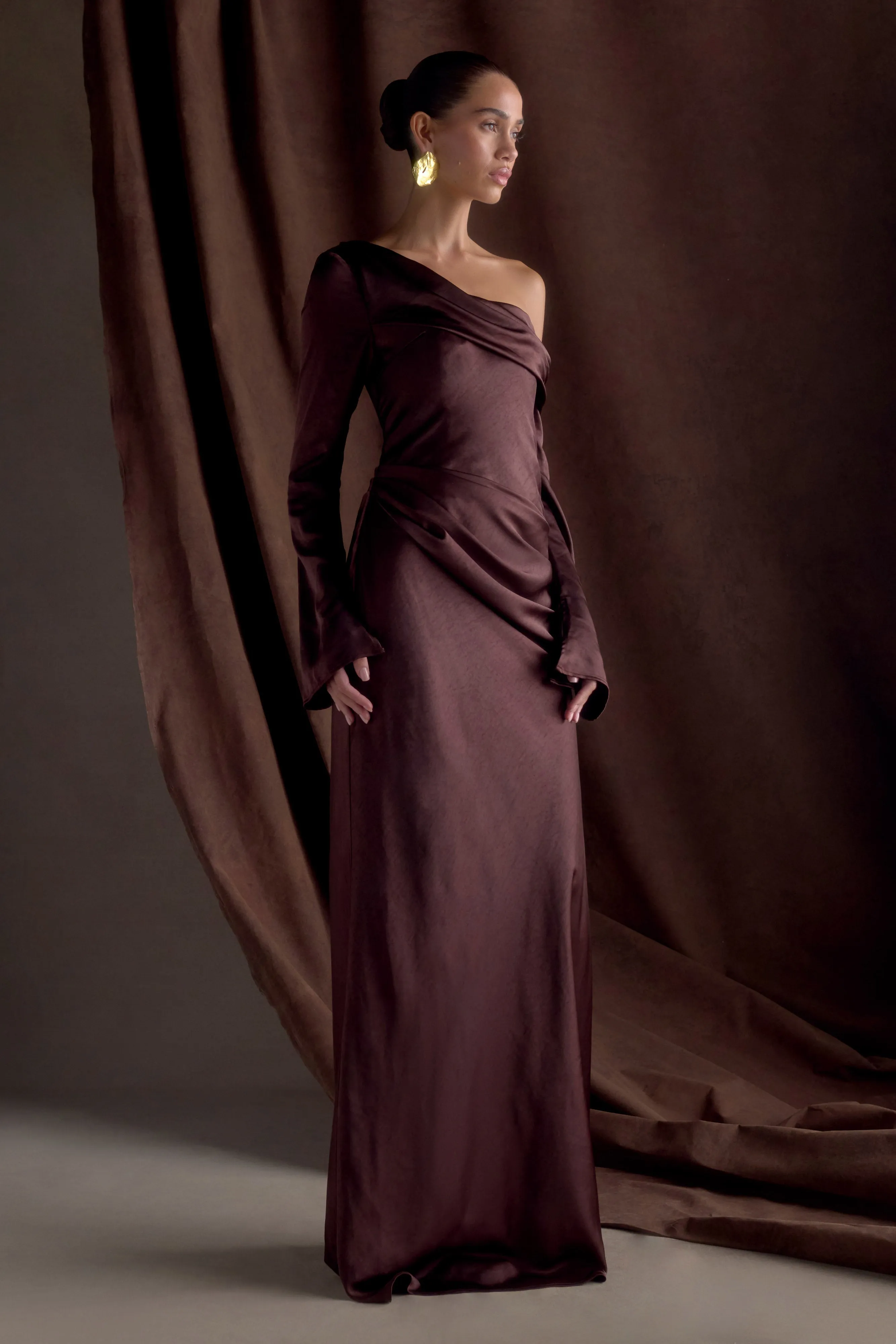 Iris Long Sleeve Satin Maxi Dress - Dark Chocolate Soft Design