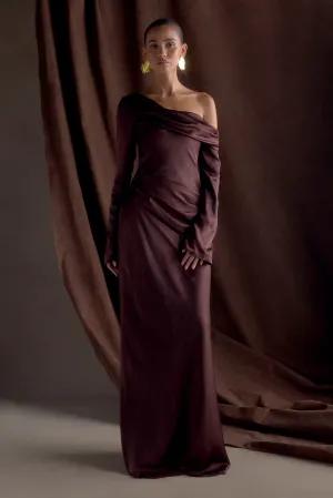 Fall Piece Smooth Outline Iris Long Sleeve Satin Maxi Dress - Dark Chocolate