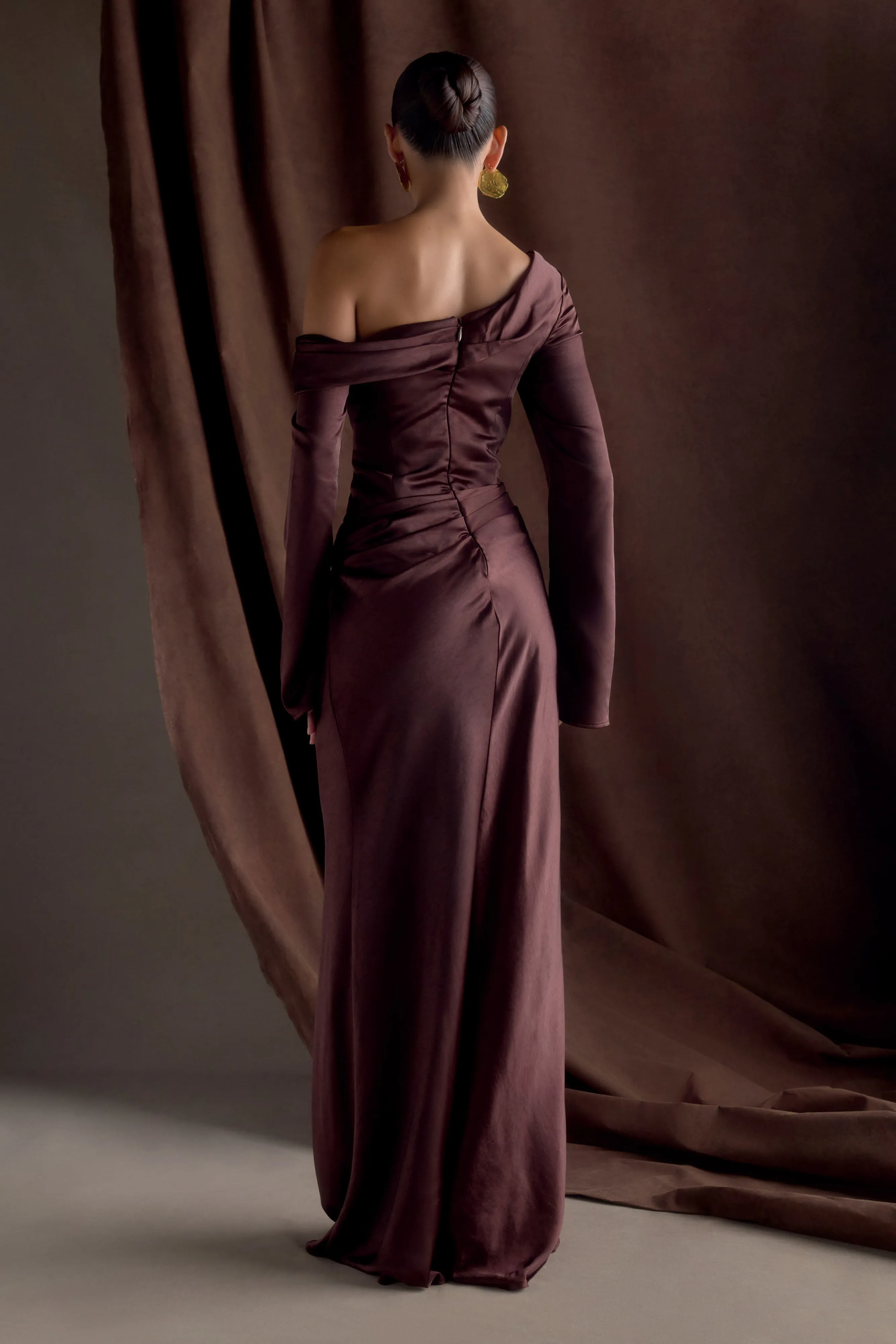 Petite-Size Tailored Style Iris Long Sleeve Satin Maxi Dress - Dark Chocolate