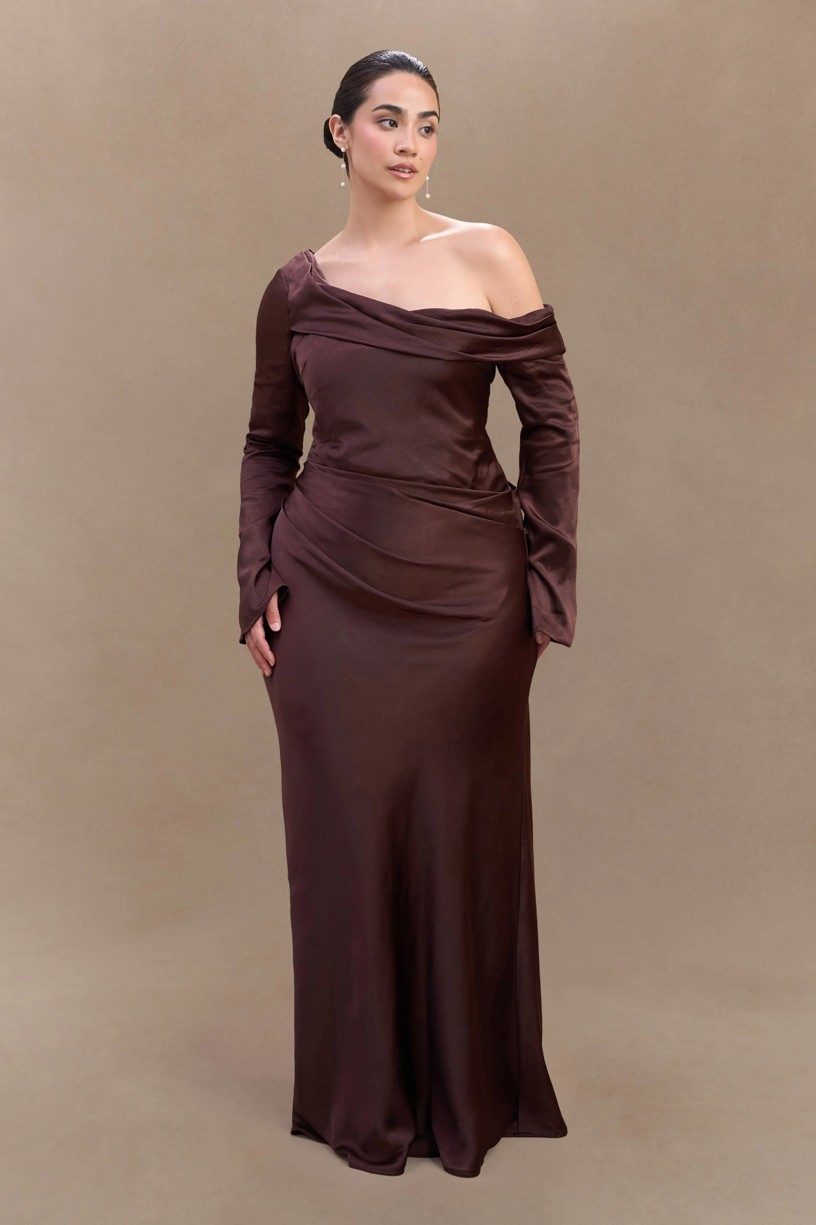 Iris Long Sleeve Satin Maxi Dress - Dark Chocolate Soft Volume