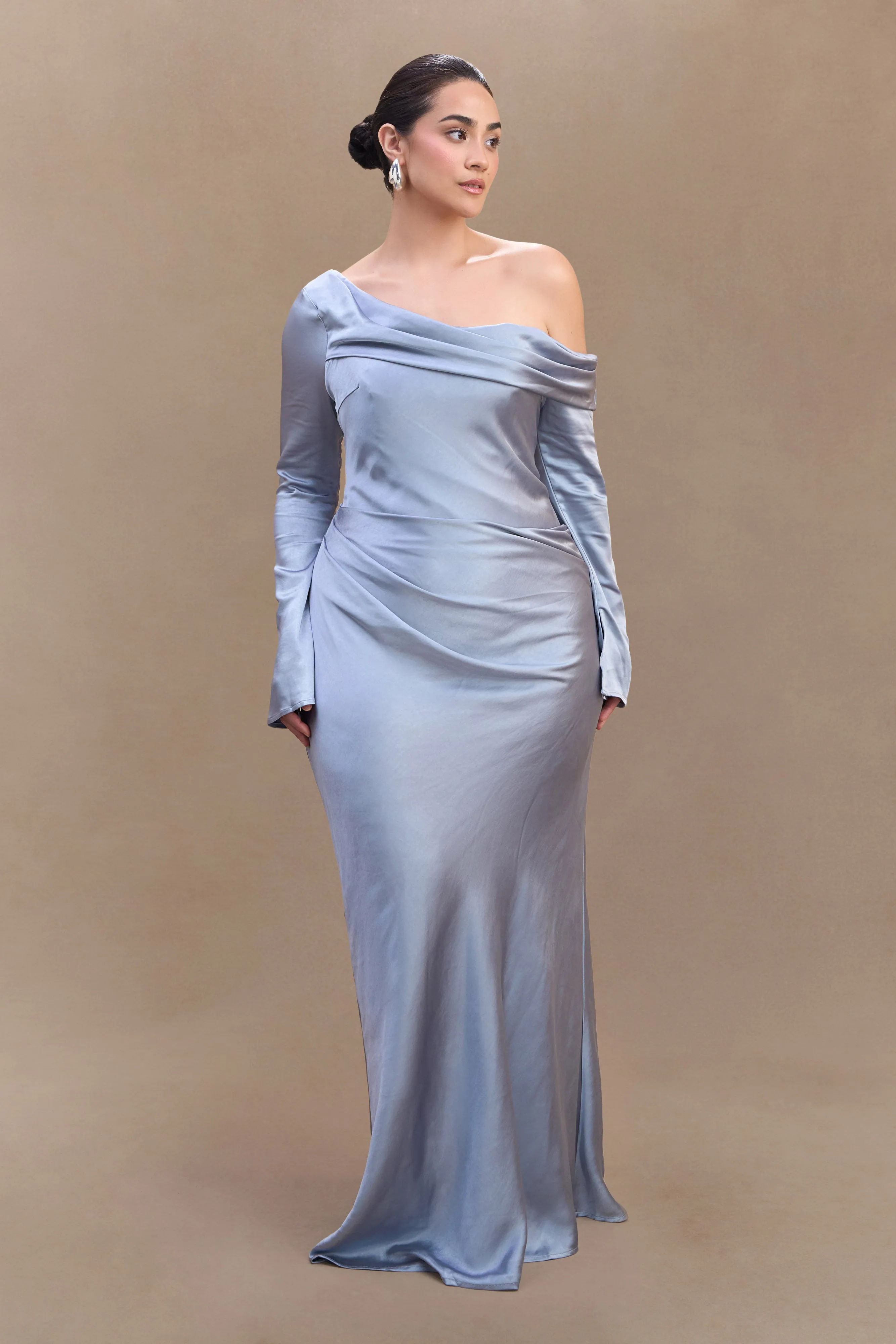 Iris Long Sleeve Satin Maxi Dress - Frosted Blue Layered Fit Polished Mood