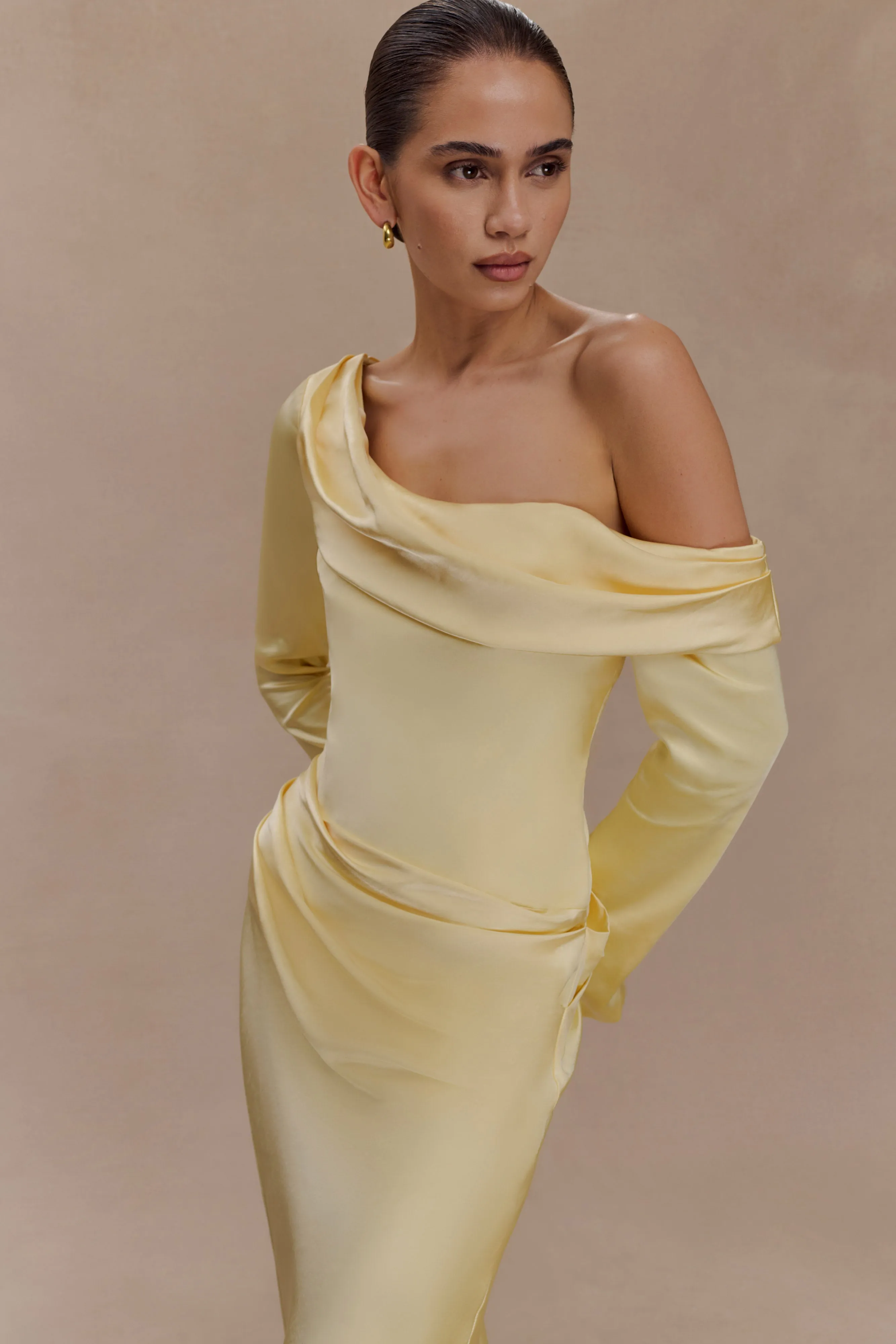 Modest Look Lightweight Piece Iris Long Sleeve Satin Maxi Dress - Lemon