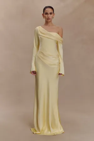 Iris Long Sleeve Satin Maxi Dress - Lemon button detail