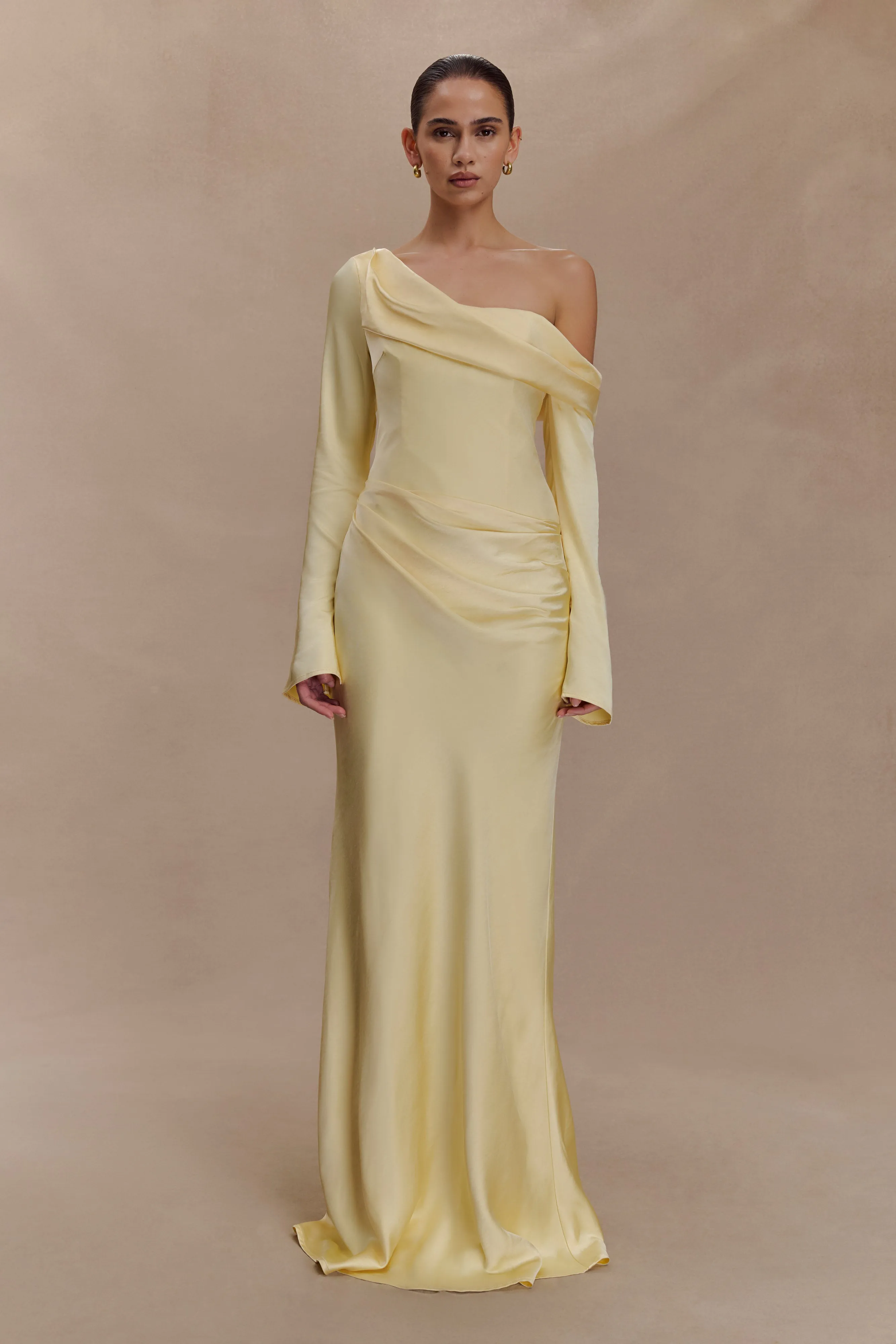 Iris Long Sleeve Satin Maxi Dress - Lemon button detail