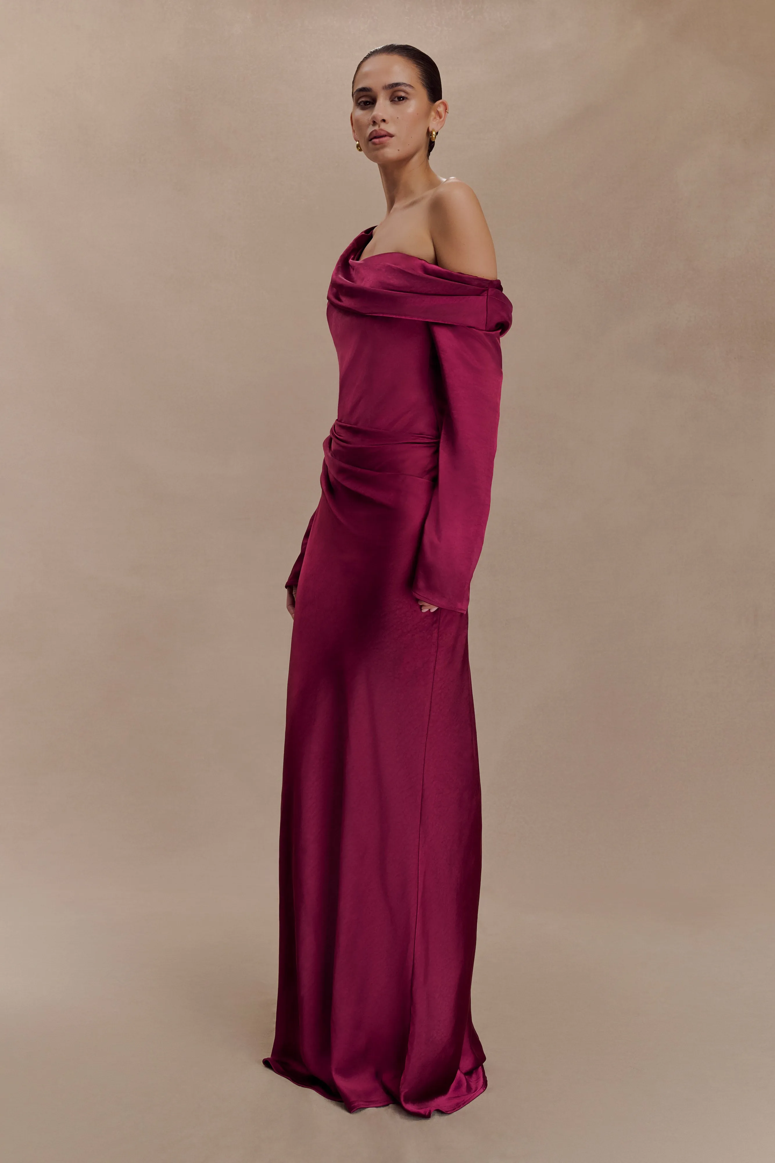 Iris Long Sleeve Satin Maxi Dress - Mahogany Sheer-Overlay Layer Safe