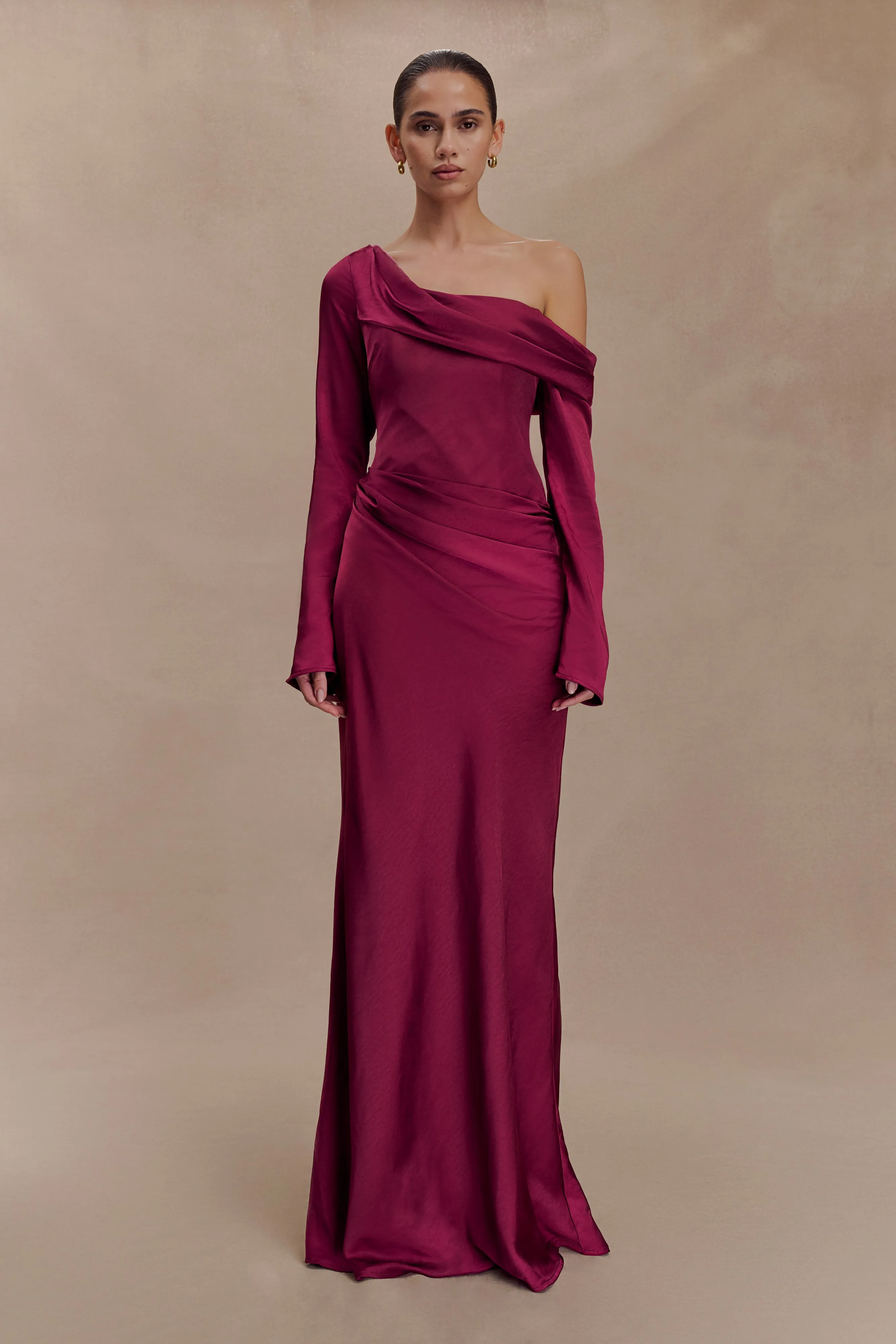 Iris Long Sleeve Satin Maxi Dress - Mahogany Drapey Fabric Quick Drying