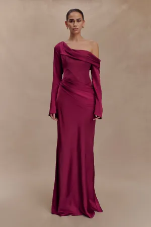Iris Long Sleeve Satin Maxi Dress - Mahogany Drapey Fabric Quick Drying