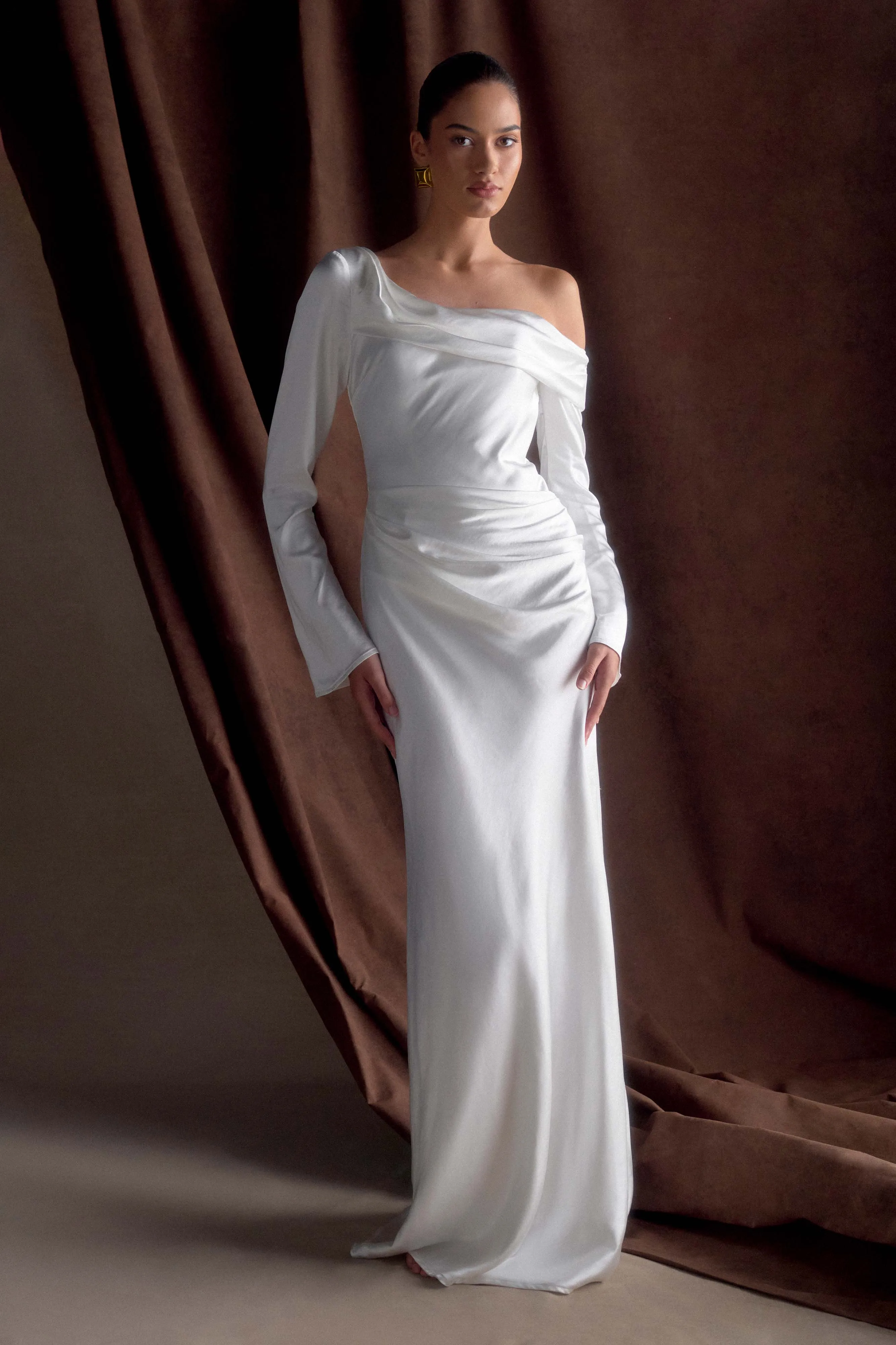 petite size Iris Long Sleeve Satin Maxi Dress - White