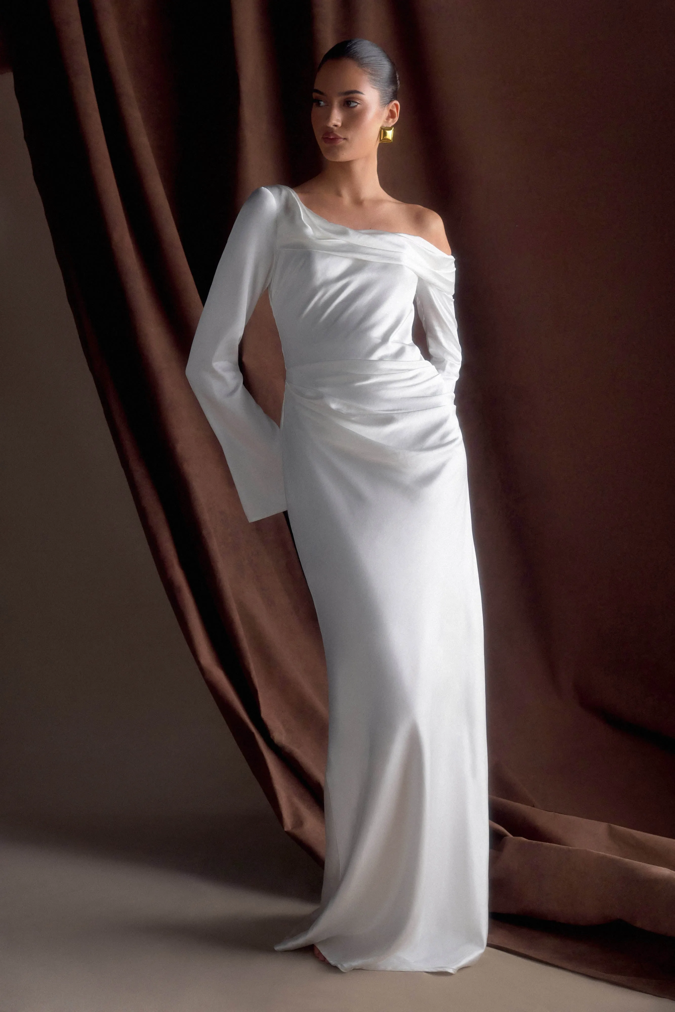 Casual Comfort Iris Long Sleeve Satin Maxi Dress - White