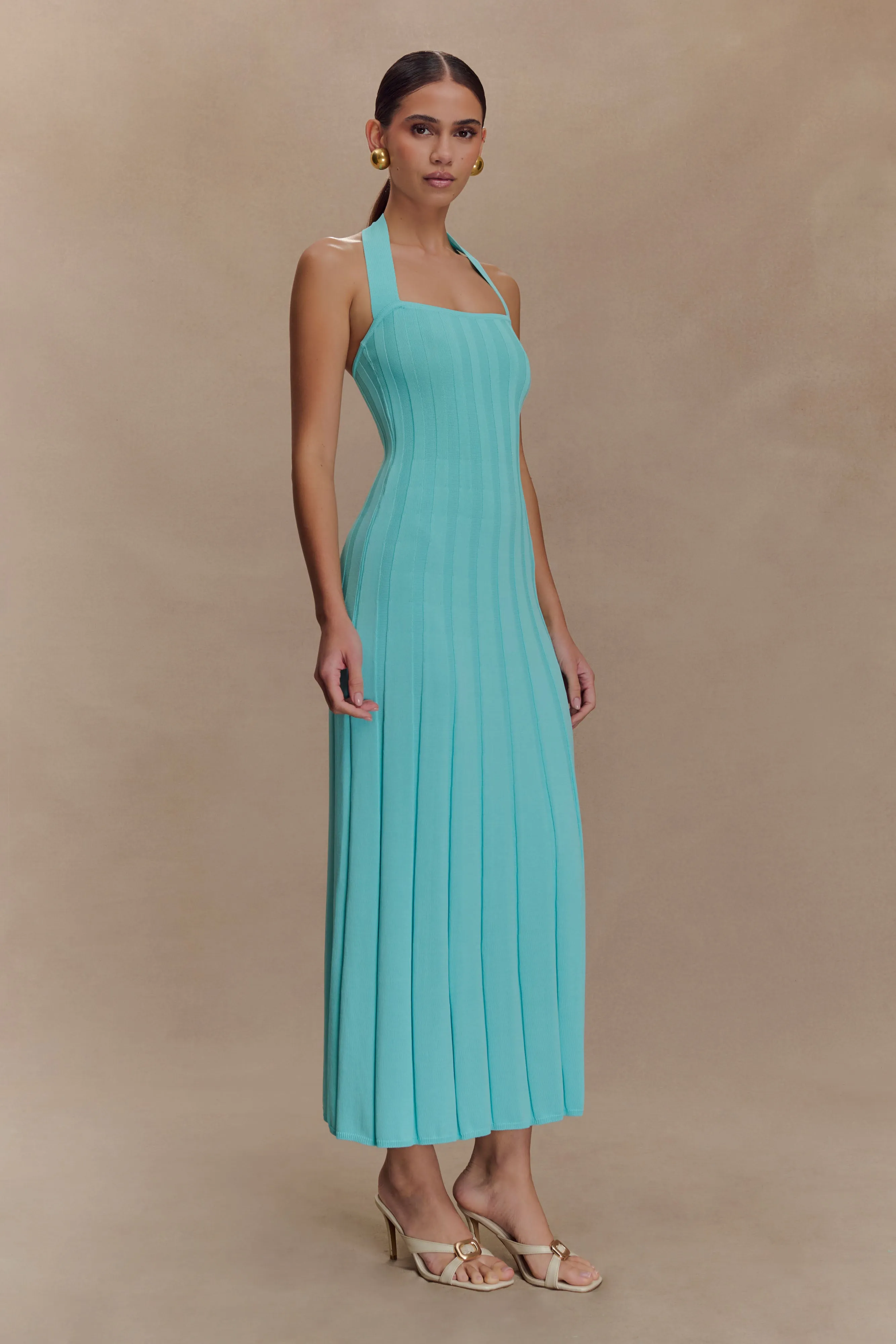 Timeless elegance ReversibleStyle Jacqui Halter Knit Midi Dress - Cyan Blue