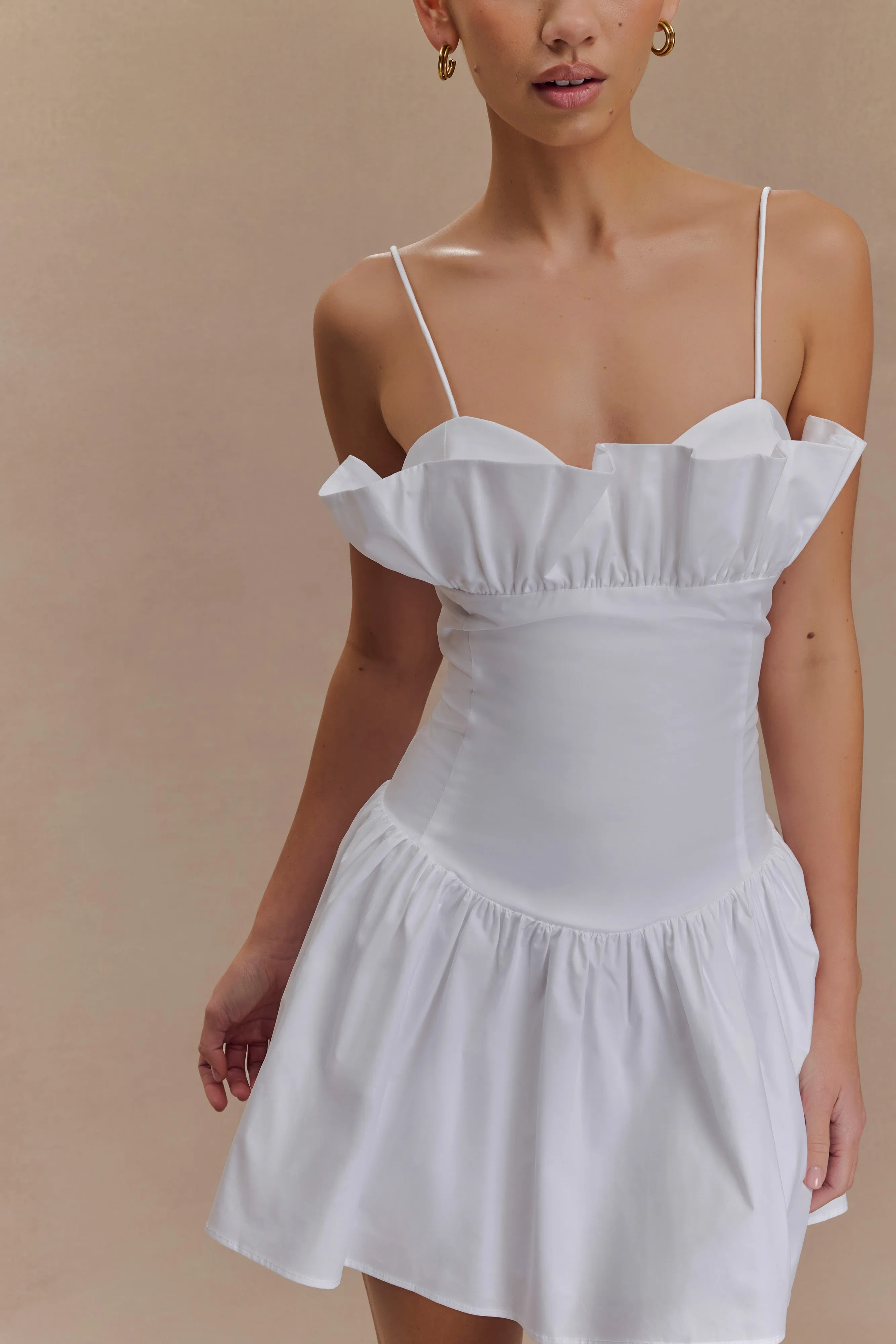 Janis Cotton Frill Mini Dress - White Neutral Finish Evening Ready