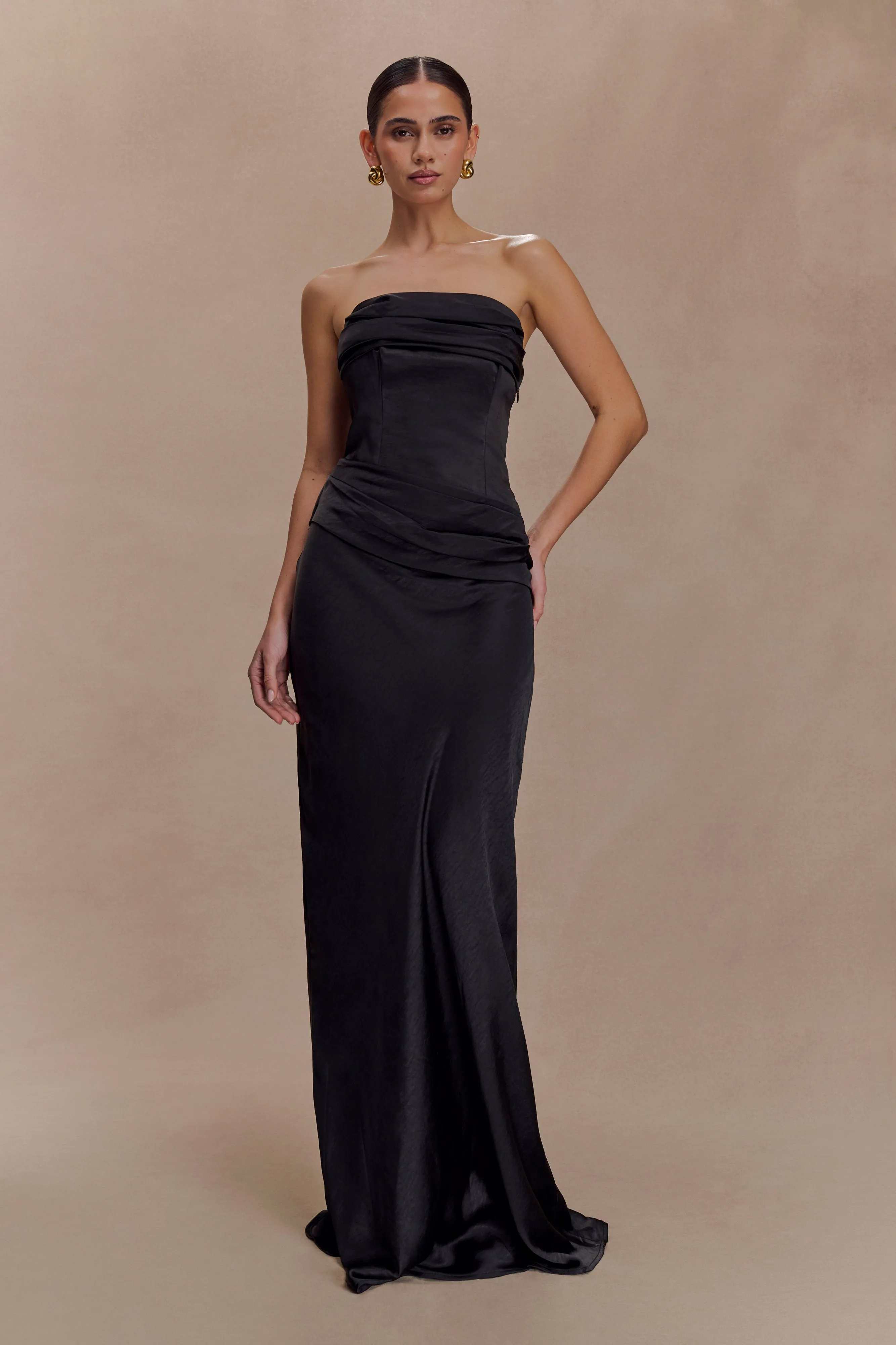 Jasmine Strapless Satin Maxi Dress - Black Clean Drape Easy-Storage
