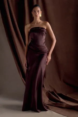 Jasmine Strapless Satin Maxi Dress - Dark Chocolate Air Layer Slit Detail