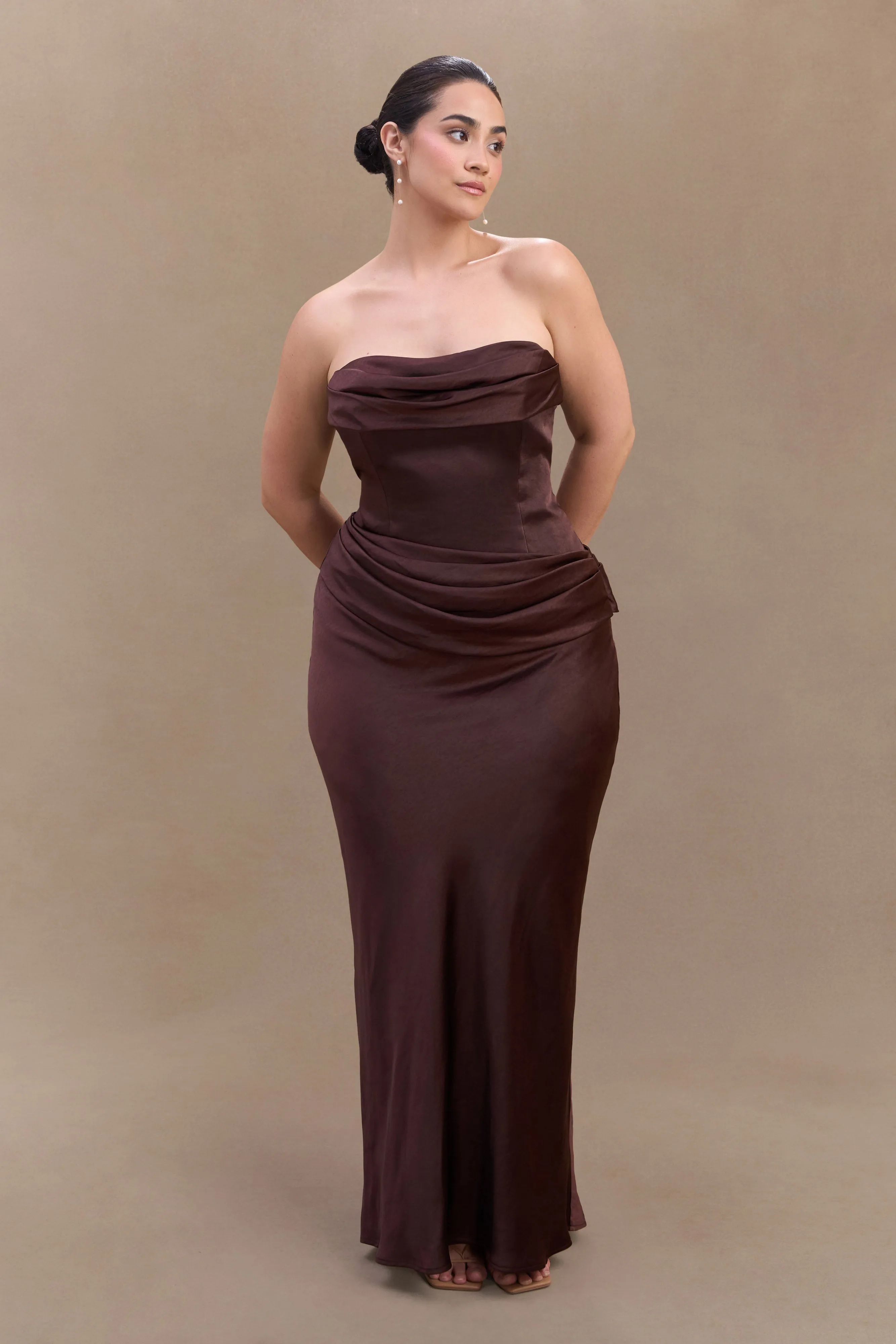 Jasmine Strapless Satin Maxi Dress - Dark Chocolate Chilly Day Layers