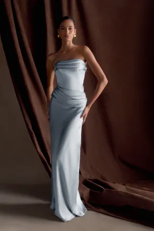 Chic Silhouette Jasmine Strapless Satin Maxi Dress - Frosted Blue