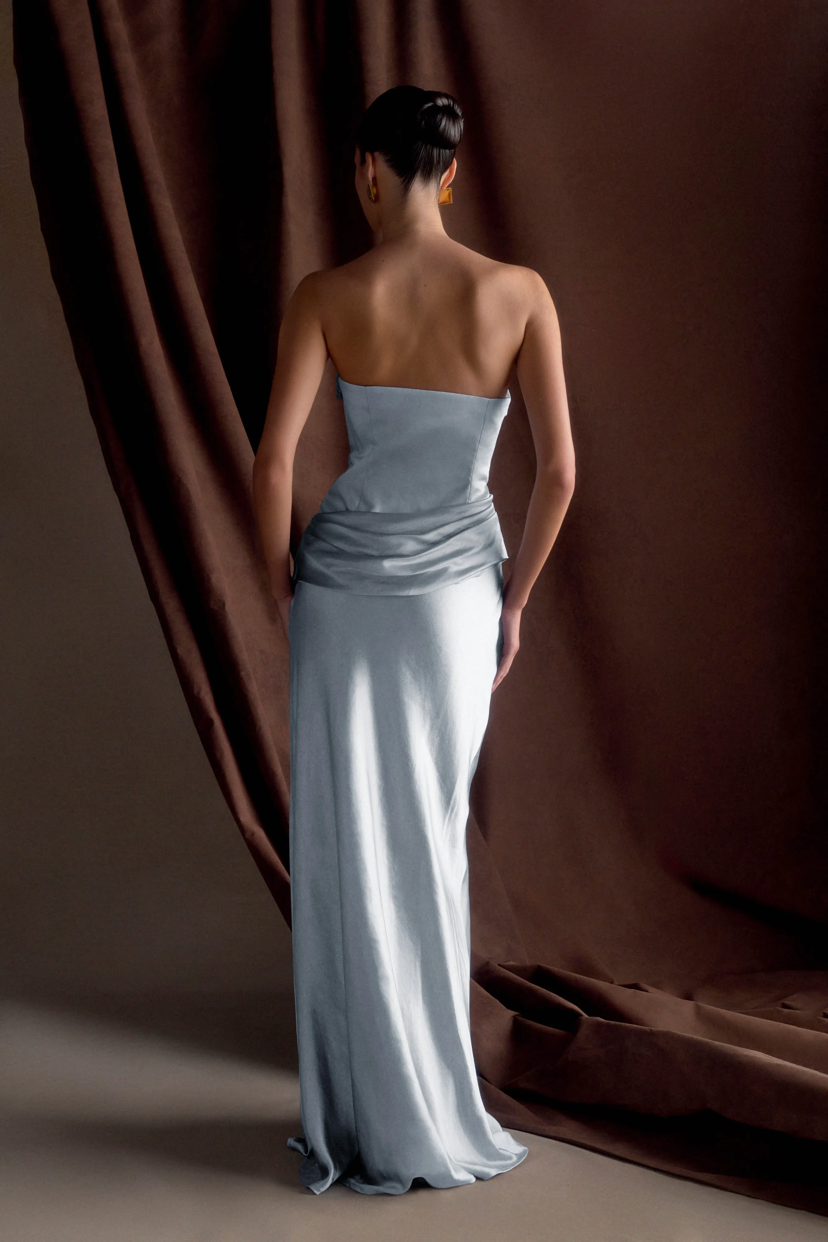 Jasmine Strapless Satin Maxi Dress - Frosted Blue Modern Waist Design Upgrade-Option