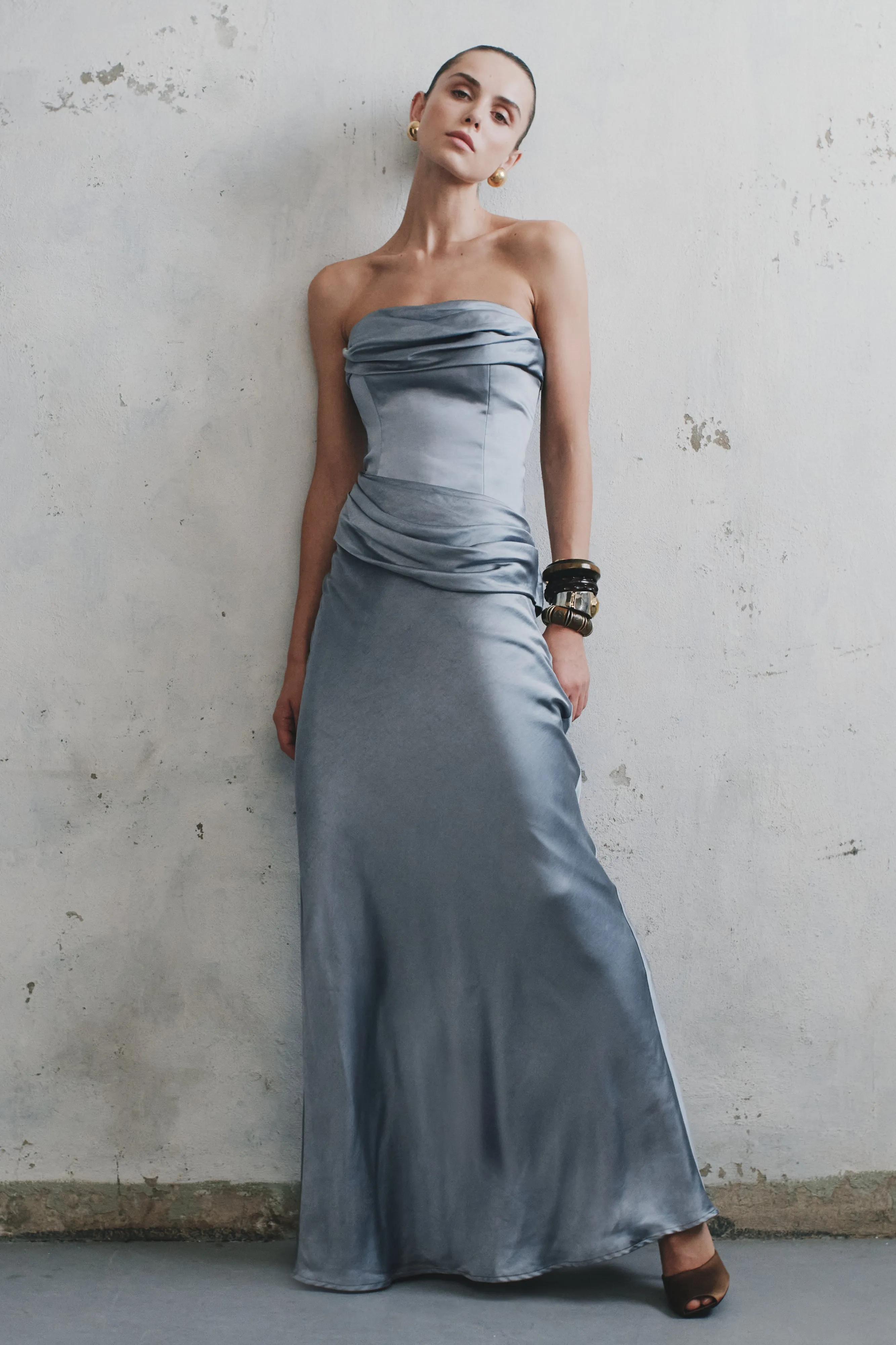 Beaded-Edge Jasmine Strapless Satin Maxi Dress - Frosted Blue