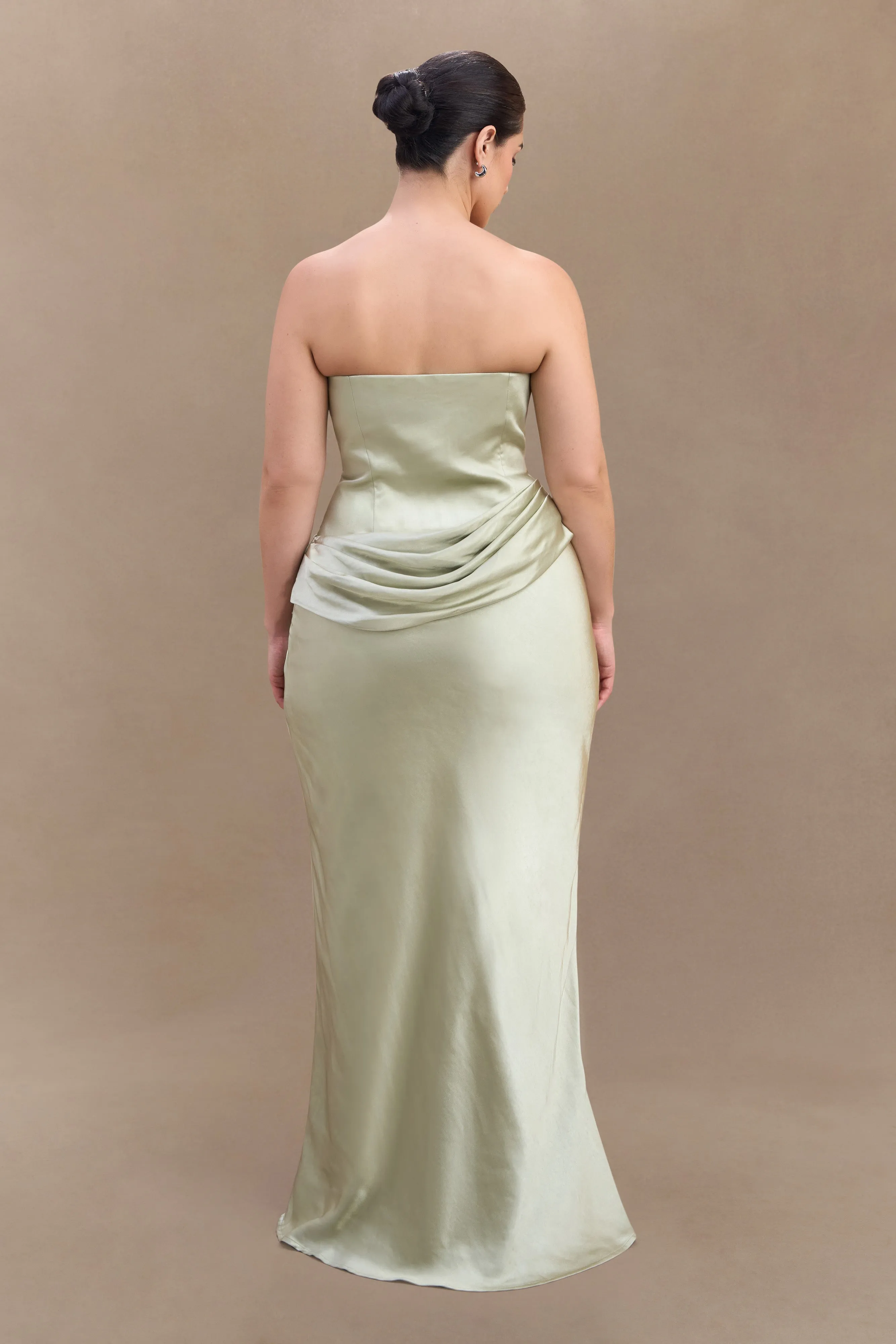 Layered Fabric Jasmine Strapless Satin Maxi Dress - Sage