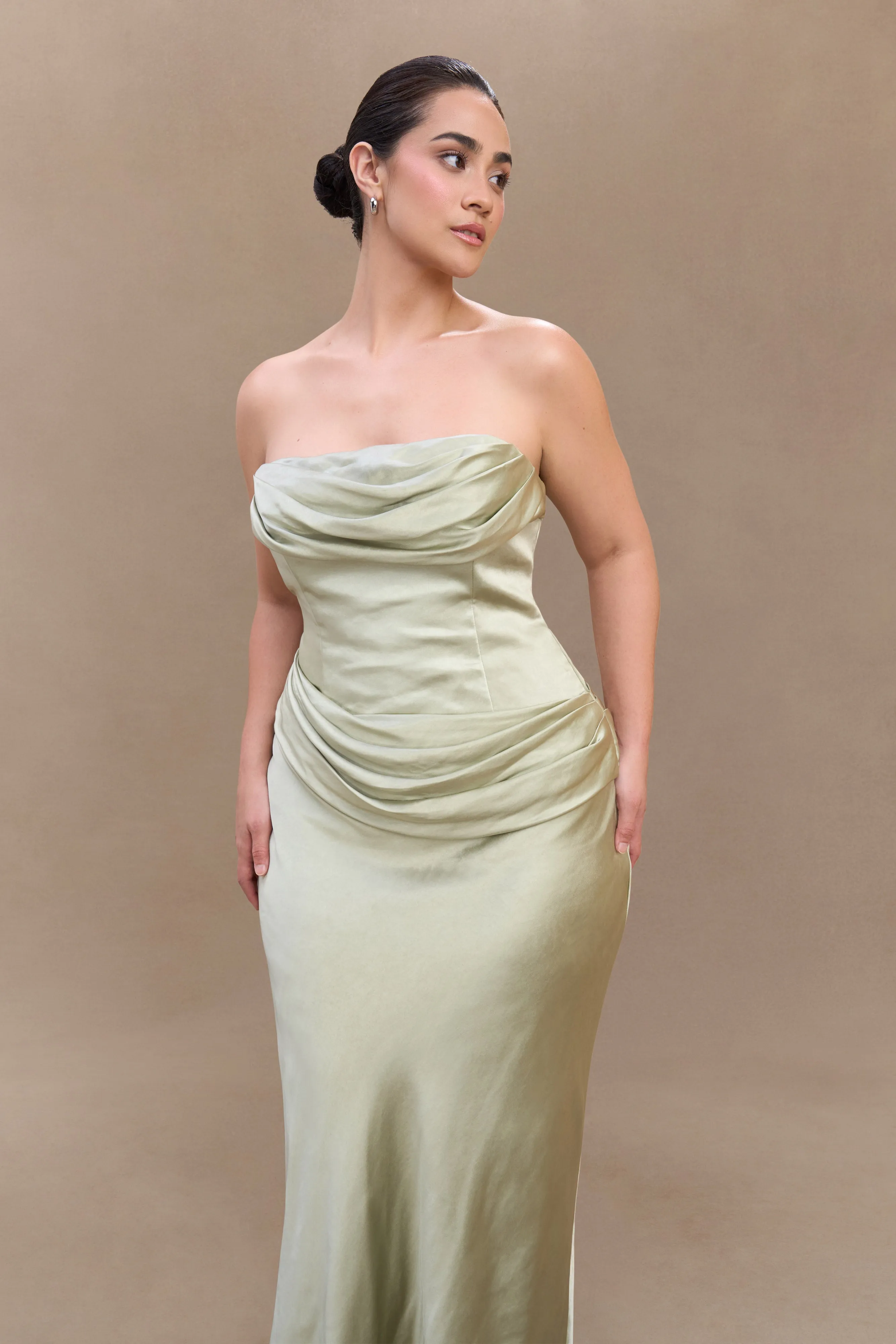 Versatile Layer Color-Blocked Jasmine Strapless Satin Maxi Dress - Sage