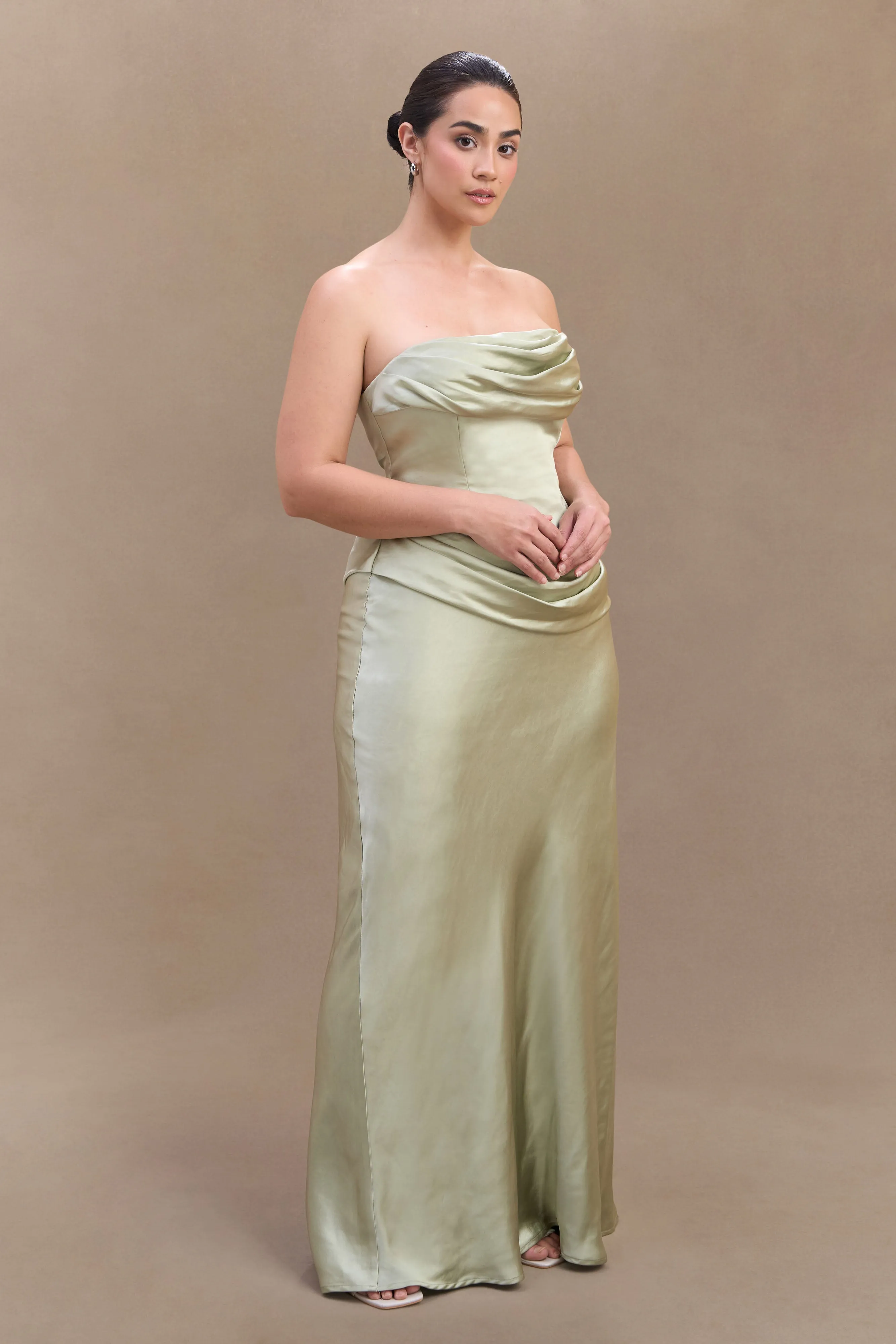 Casual Comfort Wear Jasmine Strapless Satin Maxi Dress - Sage