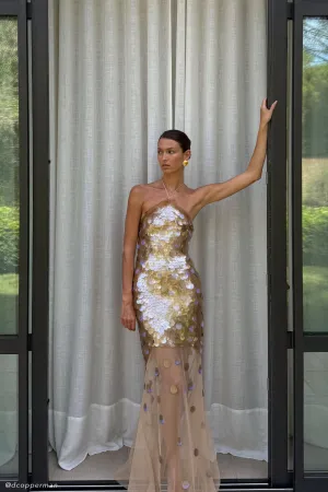 High-Fashion Sleek Motion Jenny Hand Embellished Maxi Dress - Gold