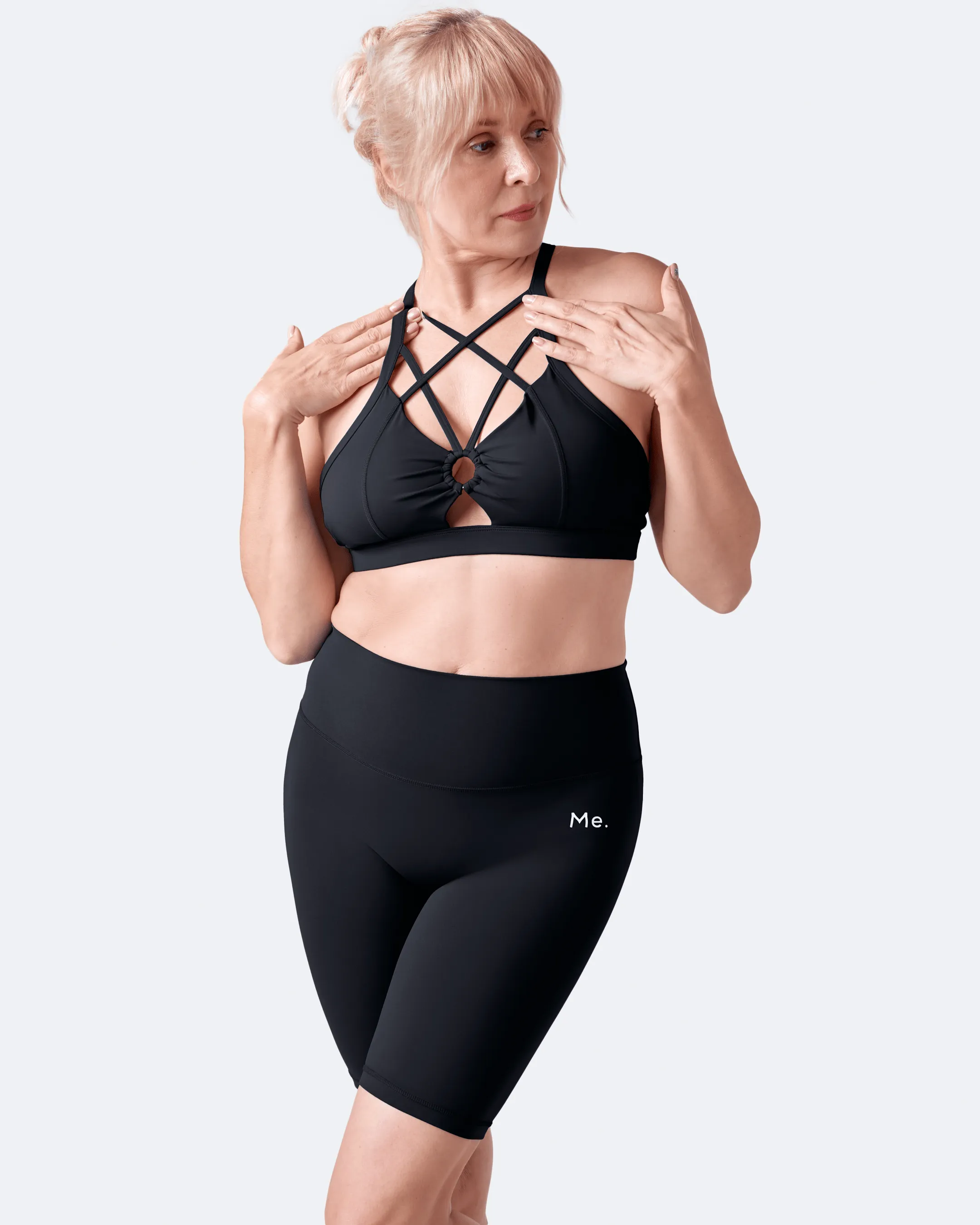 Jet Black Criss Cross Front Top Zigzag stitching seams