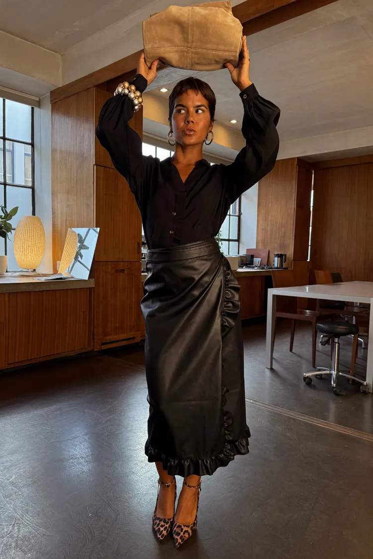 Black Vegan Leather Ruffle Jaspre Skirt Bold Finish Non Slip Waist