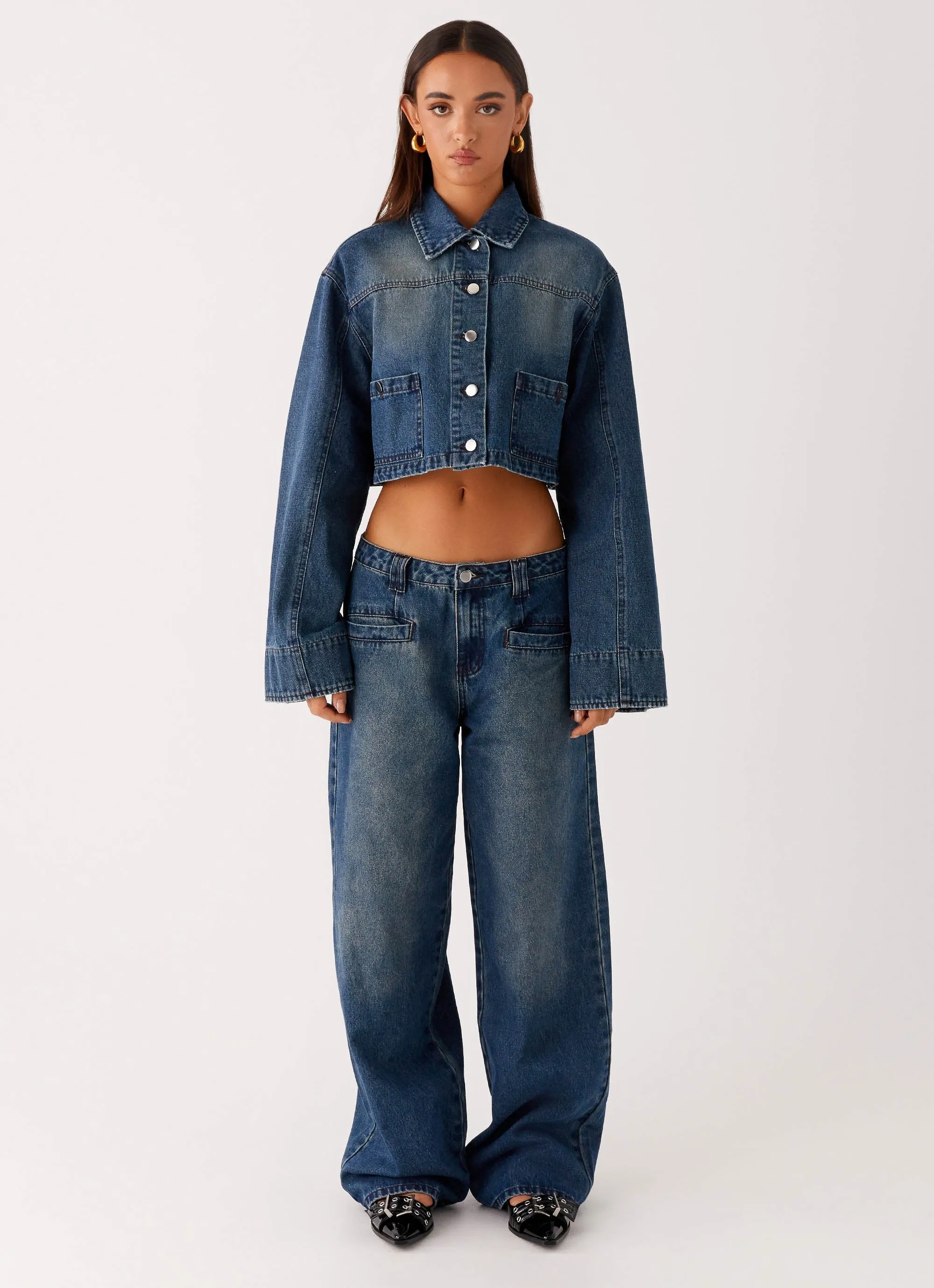 Joan Cropped Denim Jacket - Indigo Dynamic flex Faux Fur Collar