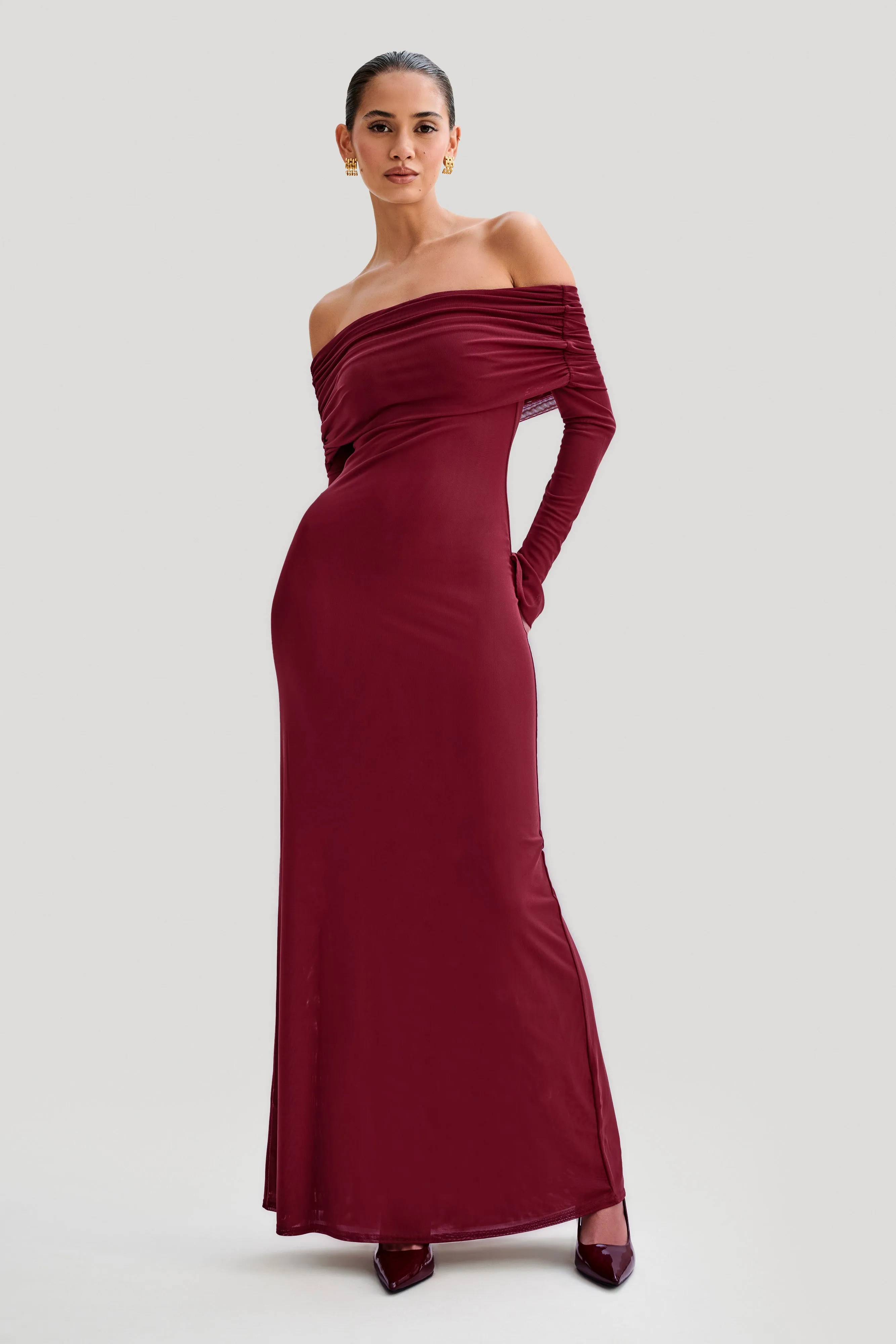 ContrastStitching Josie Off Shoulder Mesh Maxi Dress - Wine