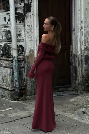 Satin Glow Chill Comfort Josie Off Shoulder Mesh Maxi Dress - Wine