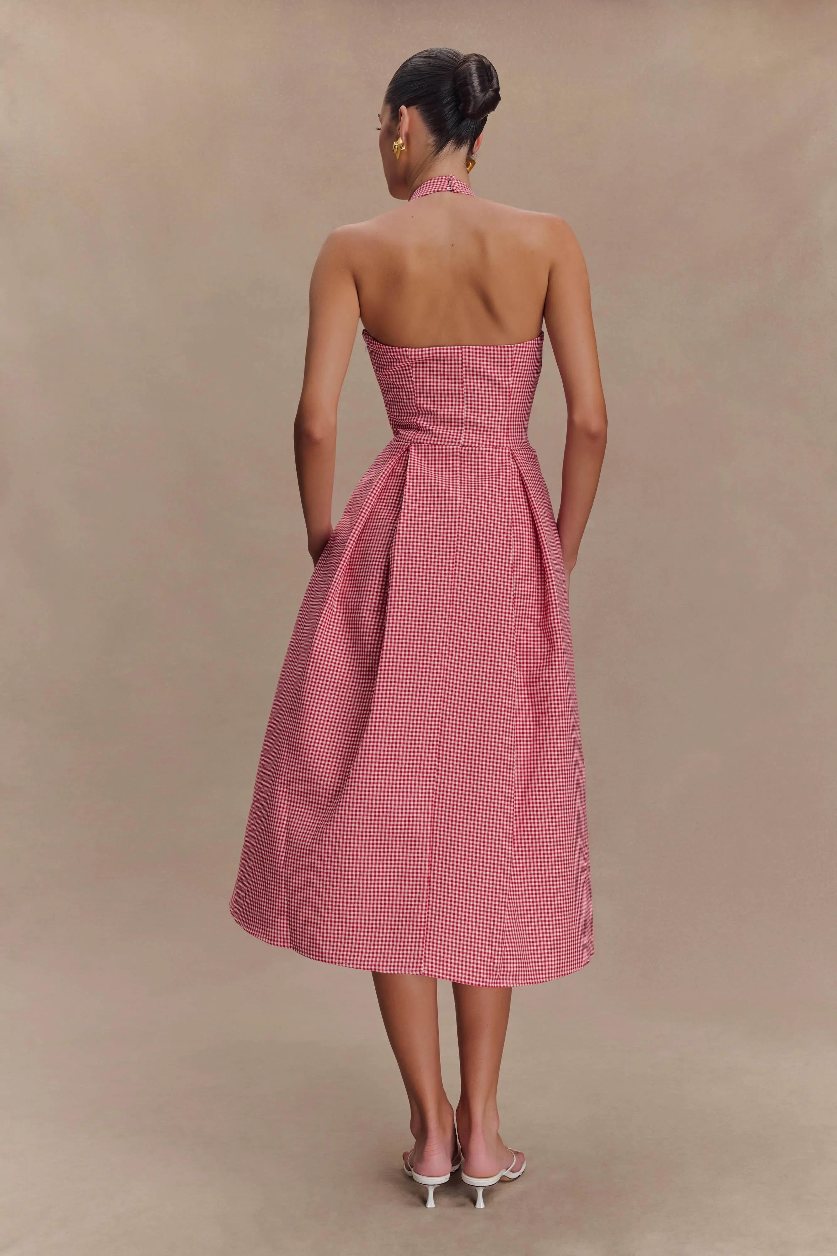 Formal dinner wear Juana Halter Midi Dress - Red Gingham