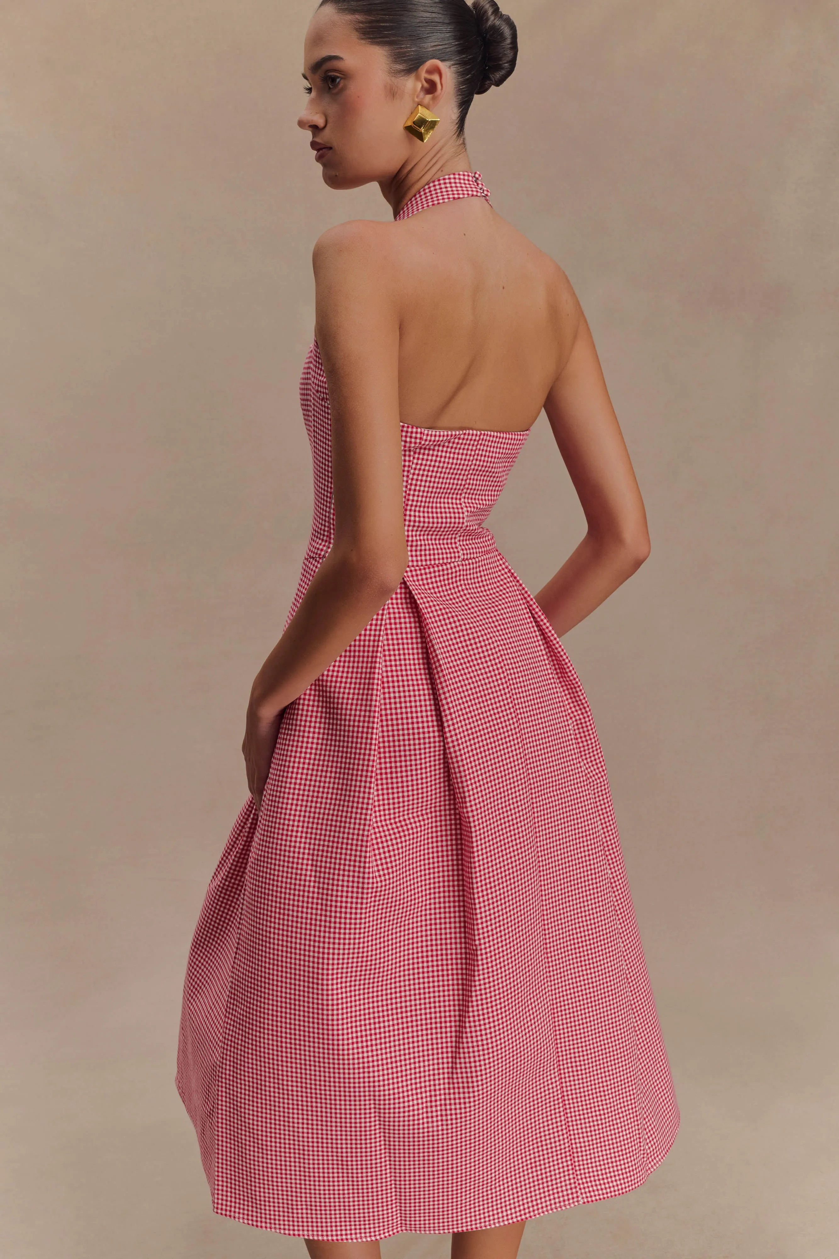 Juana Halter Midi Dress - Red Gingham Work Option Sophisticated Waist Fit