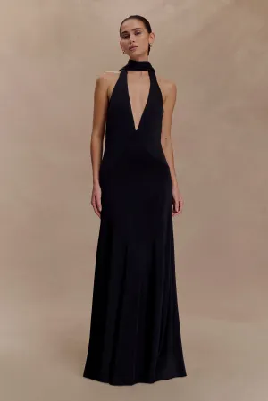 Juliet Slinky Maxi Dress With Scarf - Black Evening Event