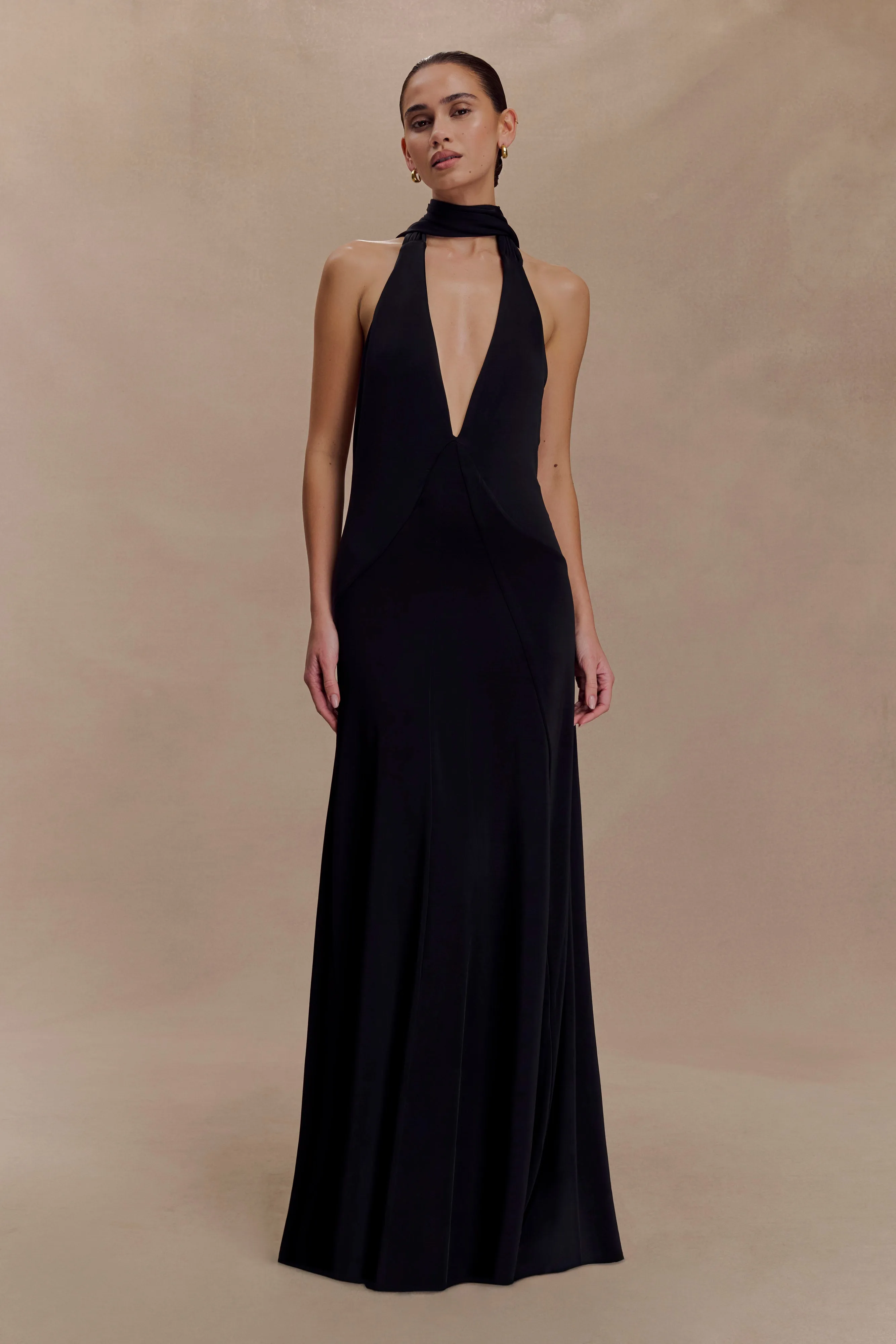 Juliet Slinky Maxi Dress With Scarf - Black Evening Event