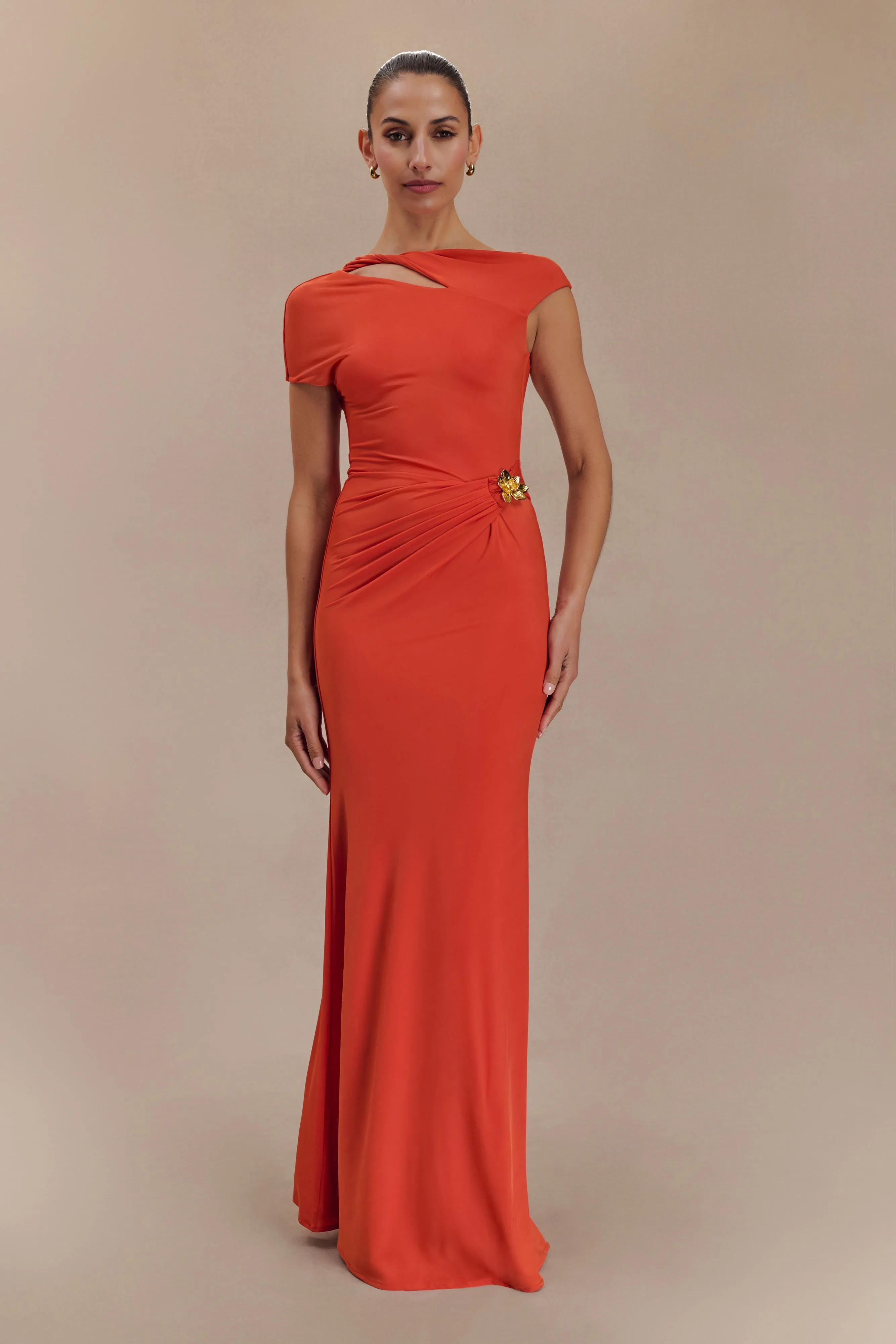 Polished Cut Work Chic Kaida Slinky Maxi Dress With Hardware - Burnt Orange