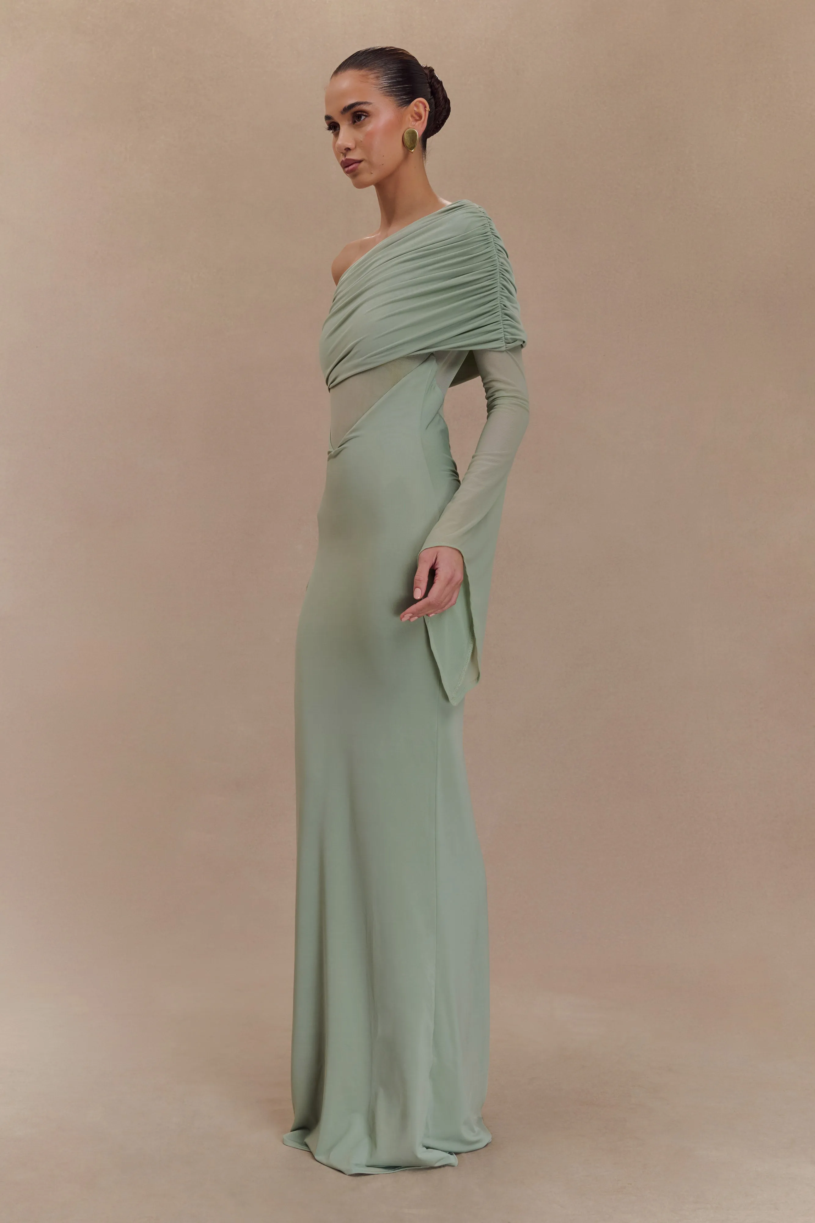 Kaitlin One Shoulder Slinky And Mesh Maxi Dress - Basil Versatile Comfort