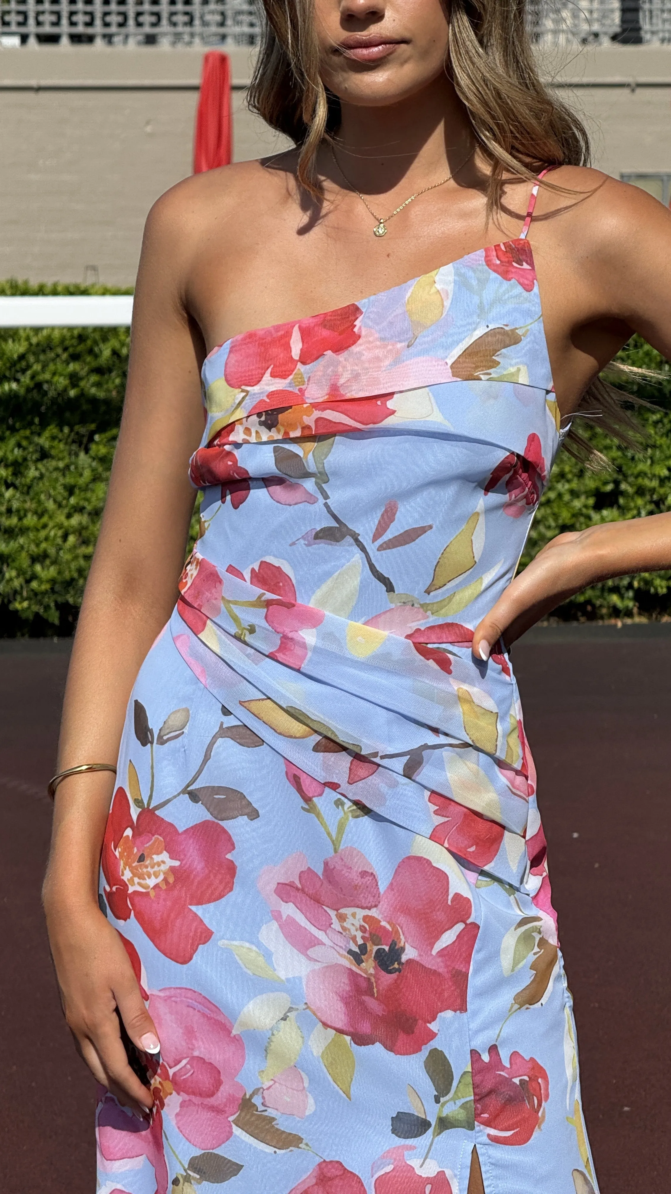 Karalina Maxi Dress - Blue/Pink Floral Warm-Layer Timeless Waist Fit