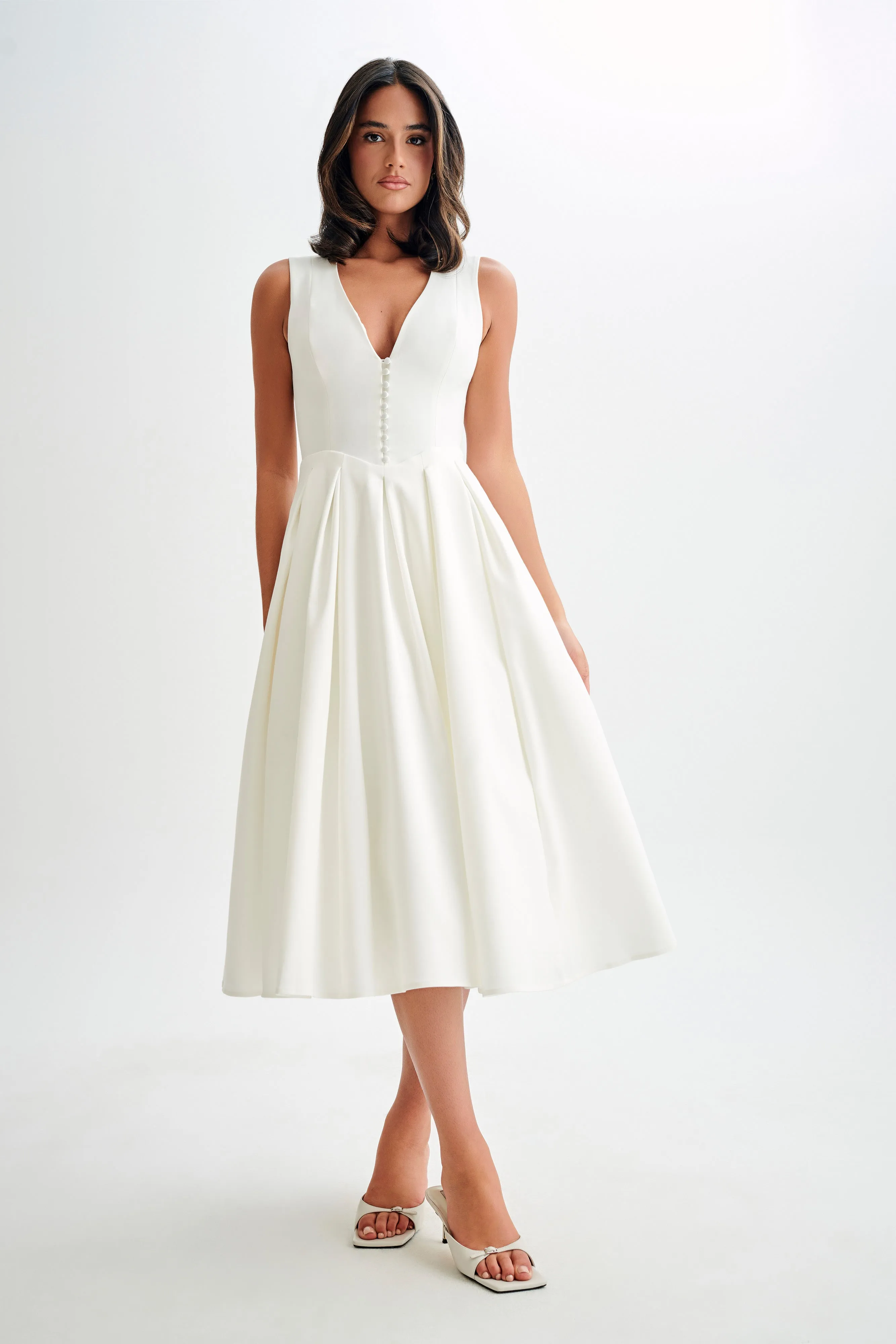 Daily Favorite Satin Grace Keely Cotton Sleeveless Midi Dress - White