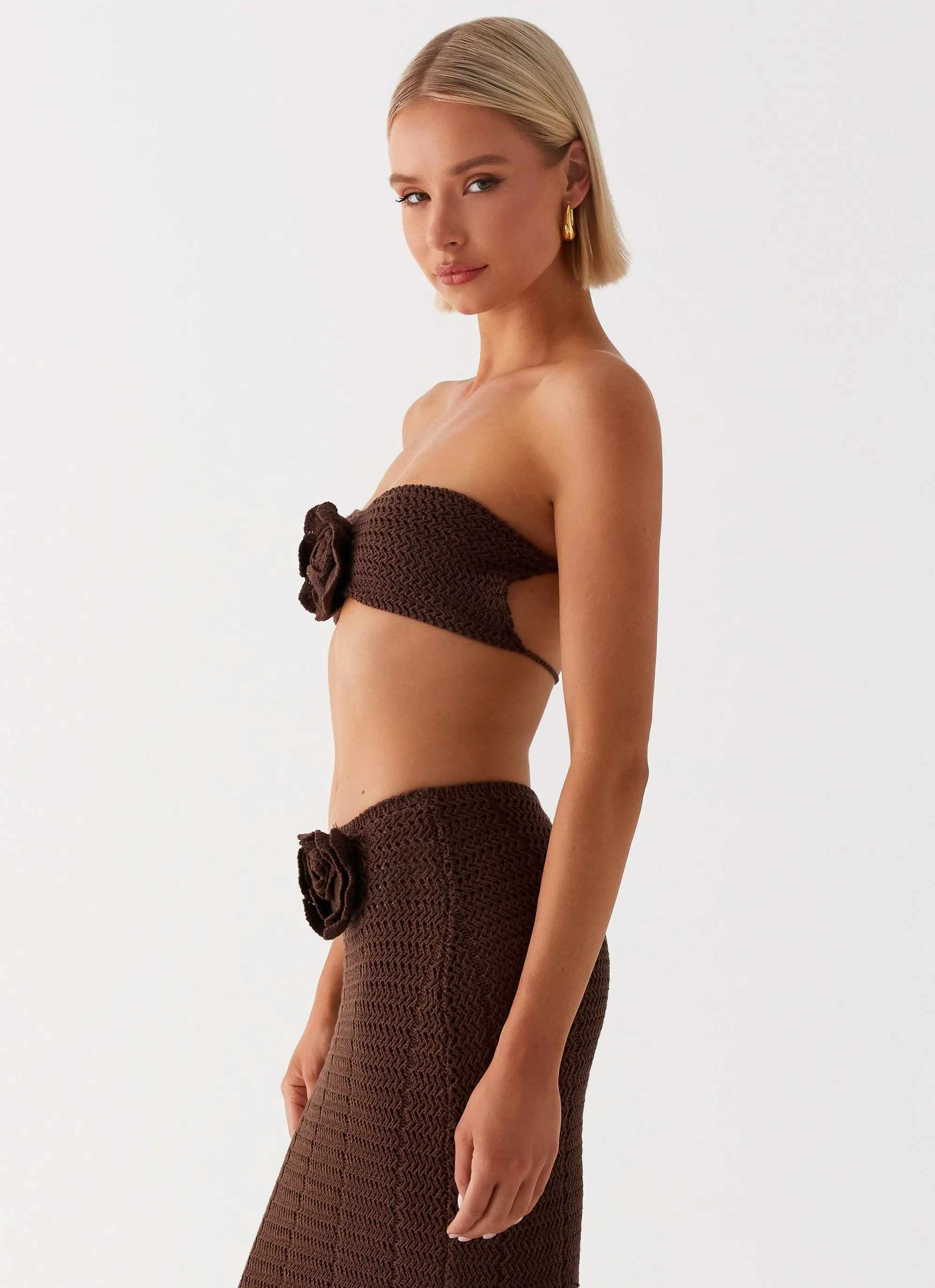Recycled Polyester Blend EcoConscious Production Kelcie Rose Crochet Bandeau Top - Chocolate