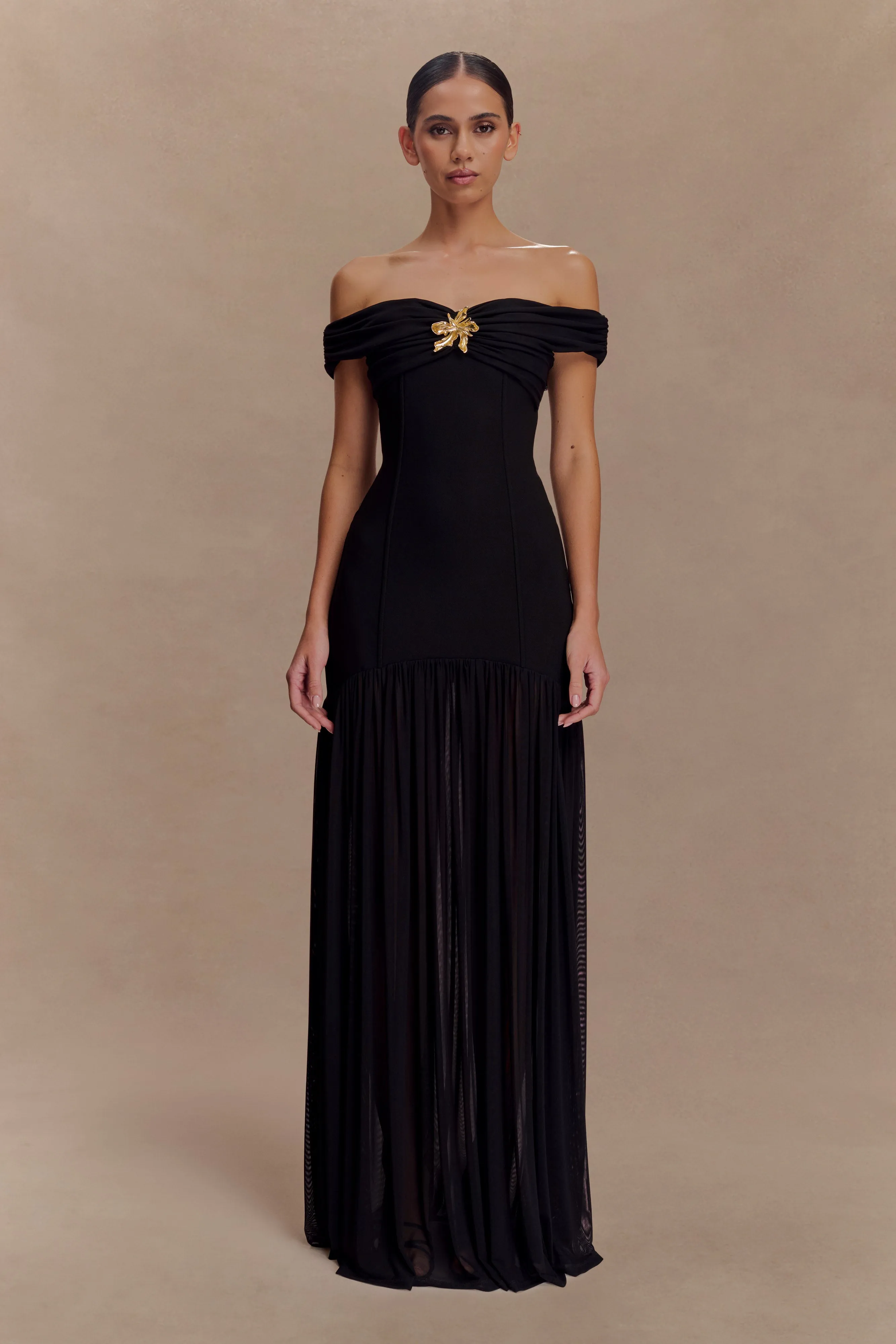 Kellie Off Shoulder Crepe Maxi Dress - Black Silk Flow Pure Fit