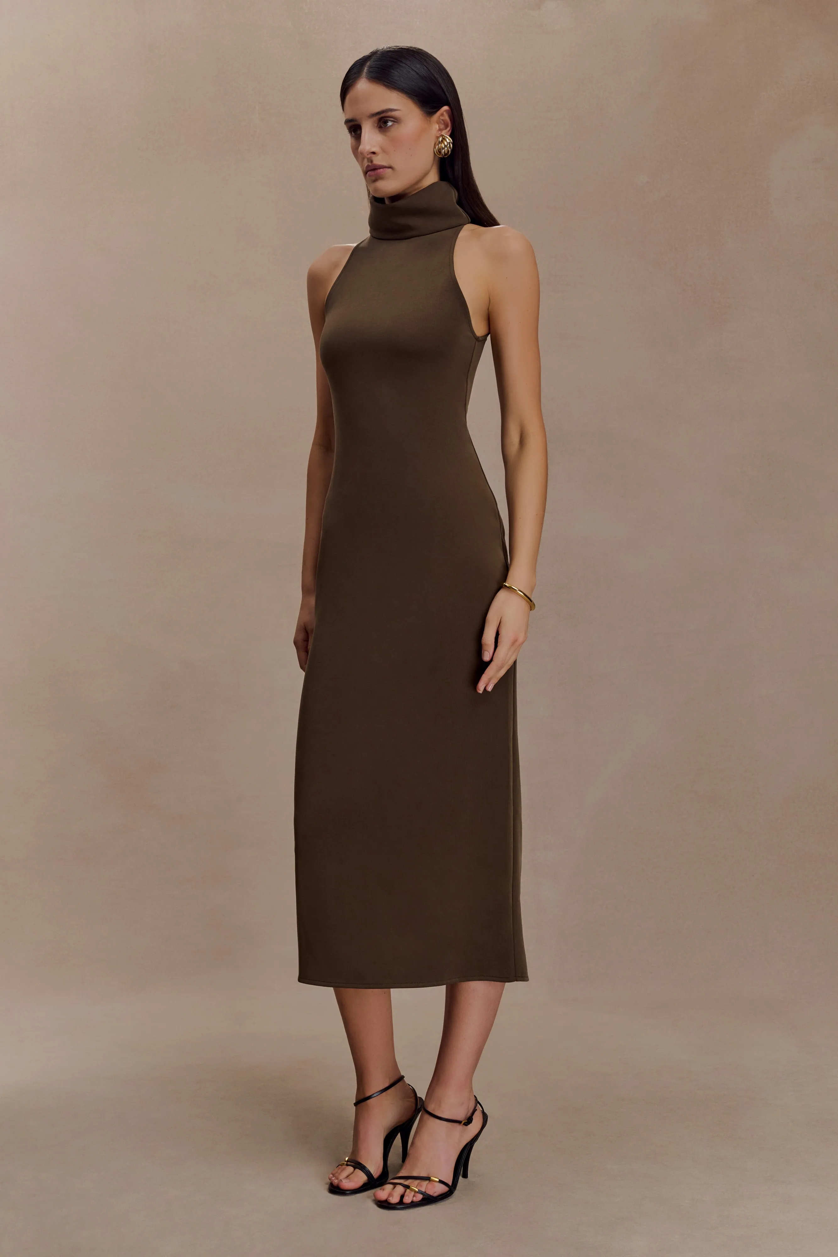 Elegant Everyday Hand-Wash Kennedy High Neck Midi Dress - Chocolate