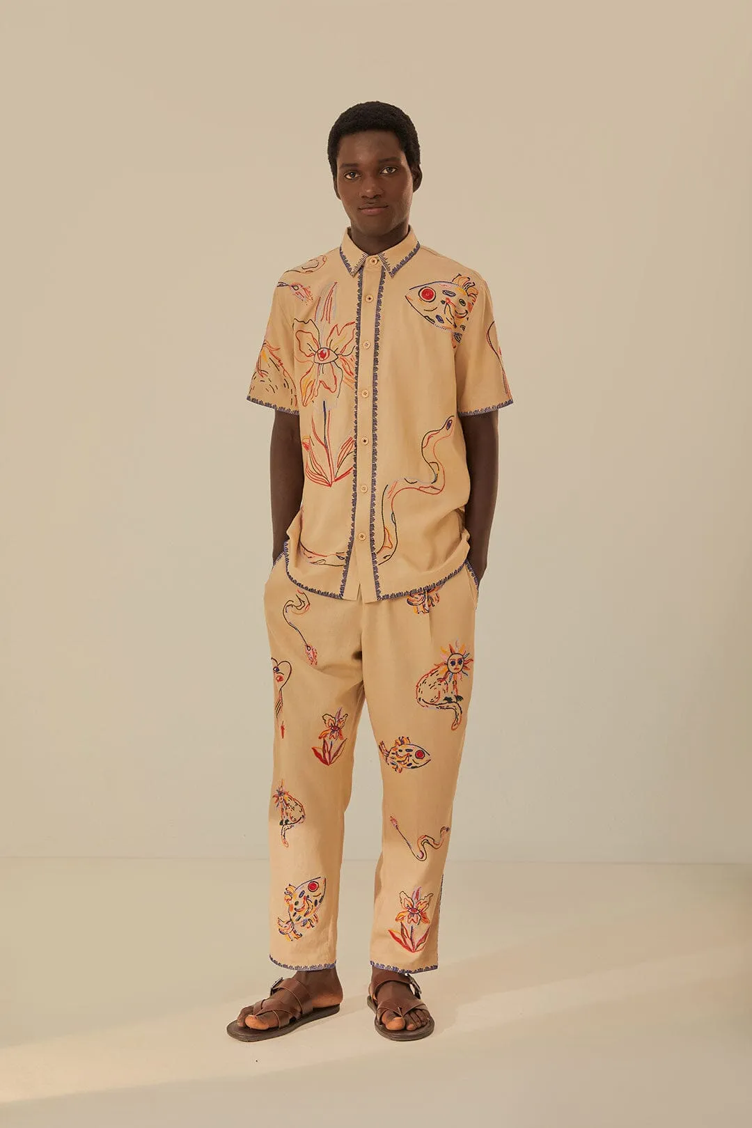 Khaki Embroidered Pants Multi Pocket Design Roll-up style