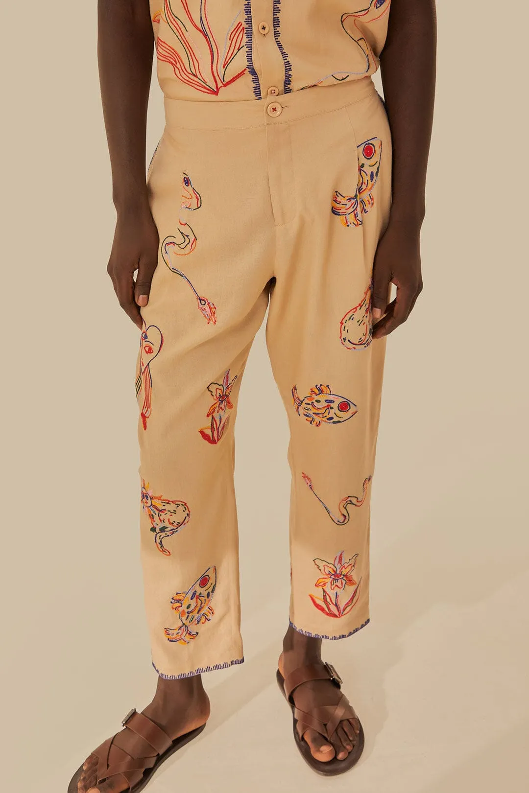 Casual Active Khaki Embroidered Pants
