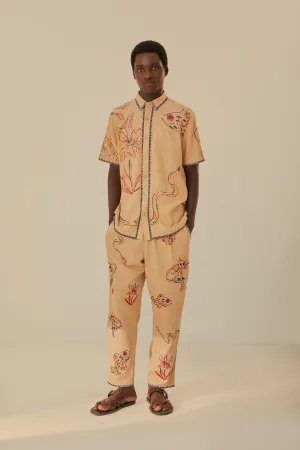 Khaki Embroidered Pants Multi Pocket Design Roll-up style