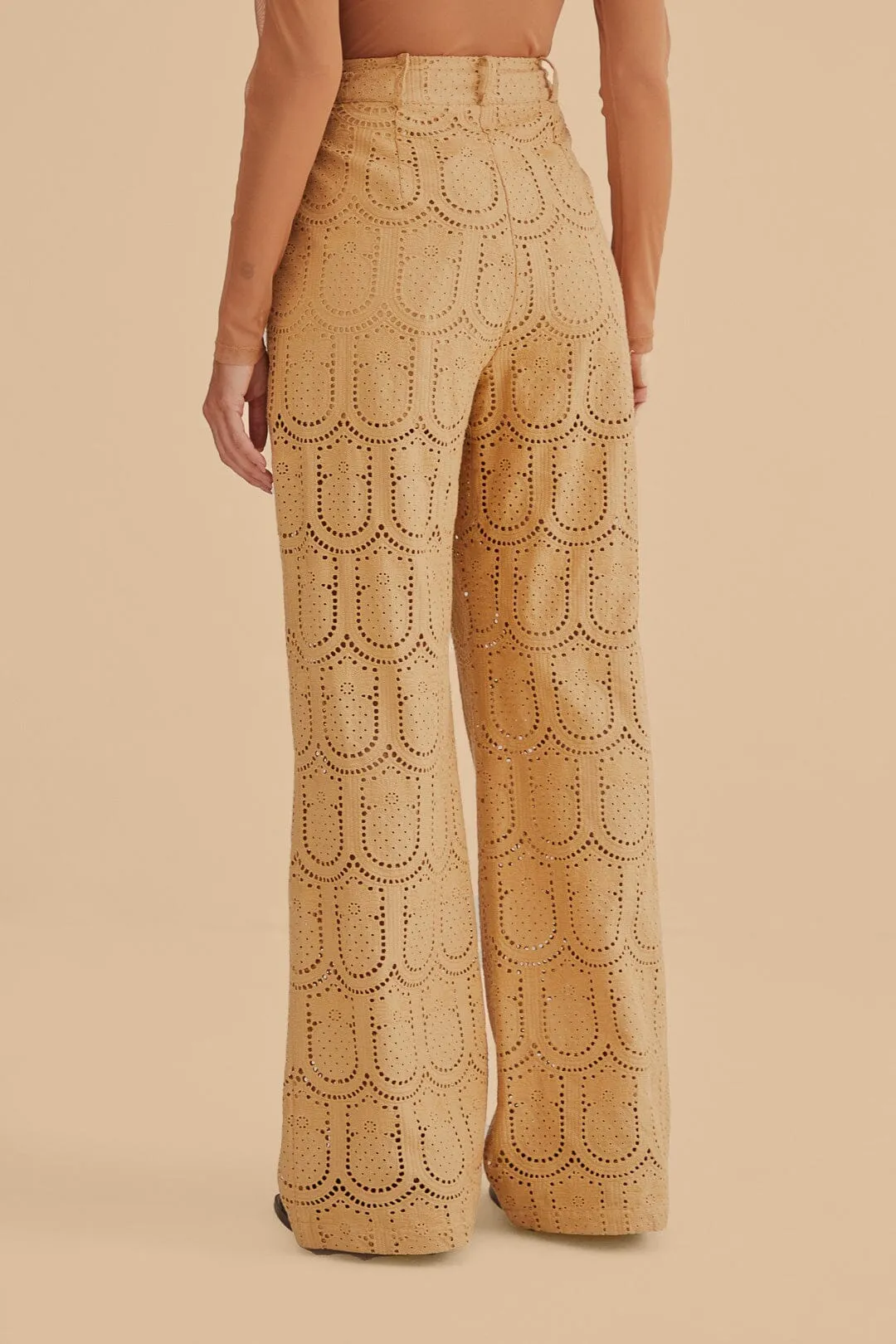 Khaki Pineapple Eyelet Pants All Day Wear Comfort Embroidered Detail