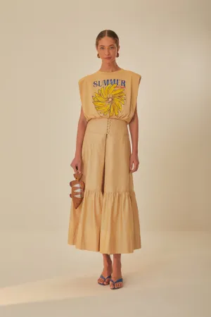 Linen blend Khaki Topstitching Yoke Organic Cotton Maxi Skirt