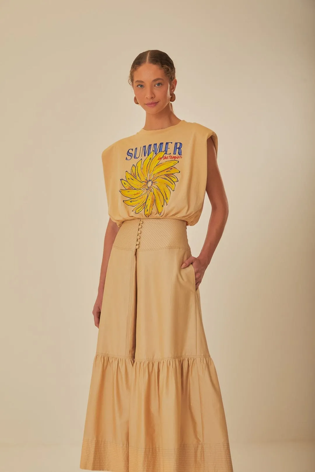 Minimalist Chic Fold Over Detail Khaki Topstitching Yoke Organic Cotton Maxi Skirt