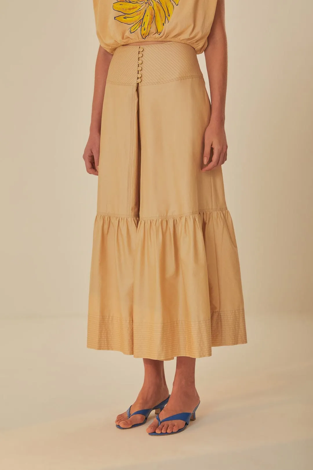 Khaki Topstitching Yoke Organic Cotton Maxi Skirt Comfy Style