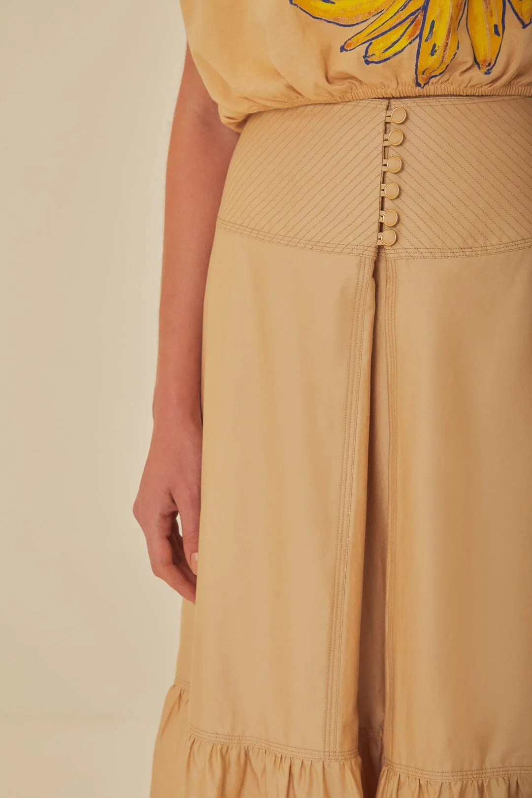 Flexible Waistband perforated design Khaki Topstitching Yoke Organic Cotton Maxi Skirt