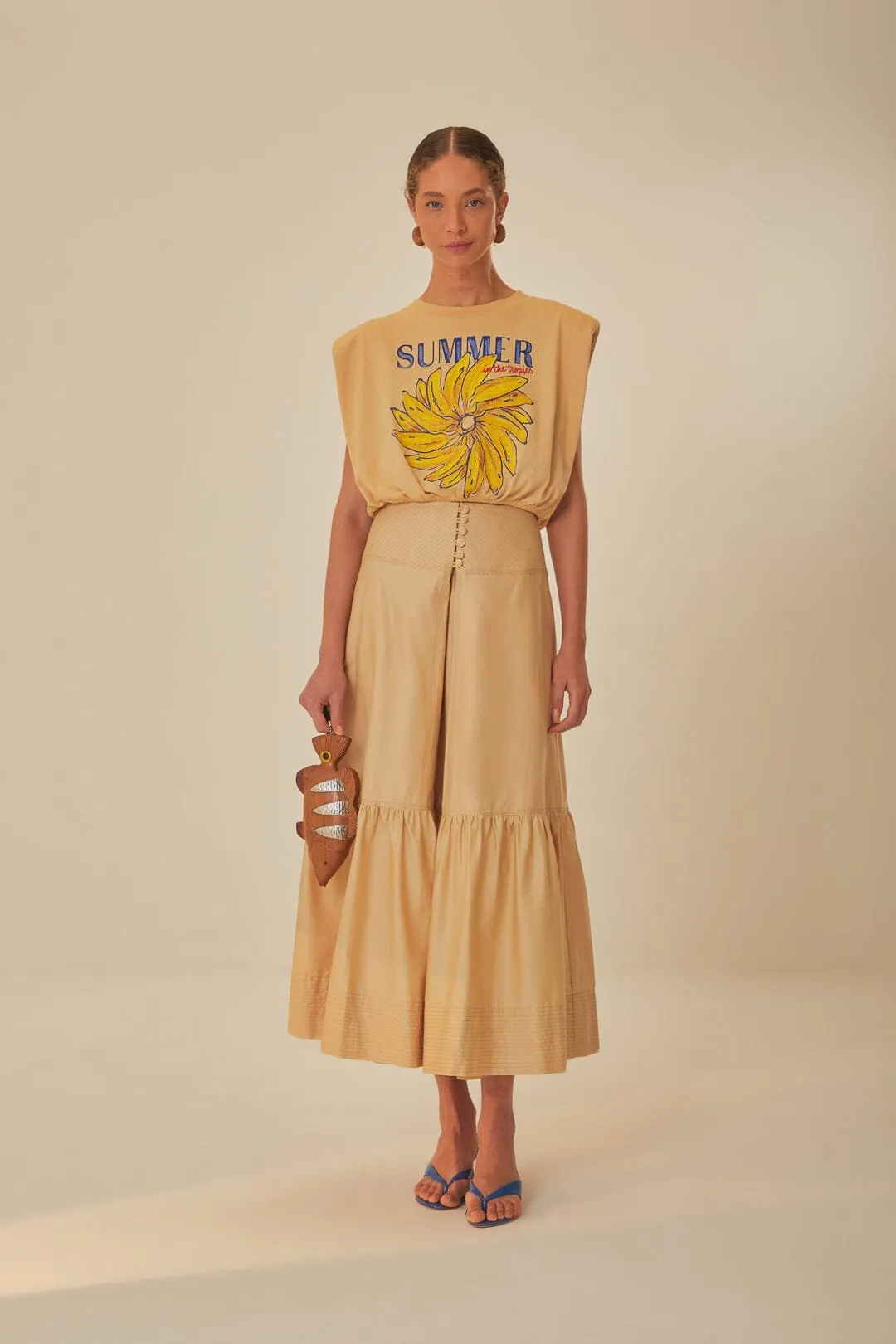 Linen blend Khaki Topstitching Yoke Organic Cotton Maxi Skirt